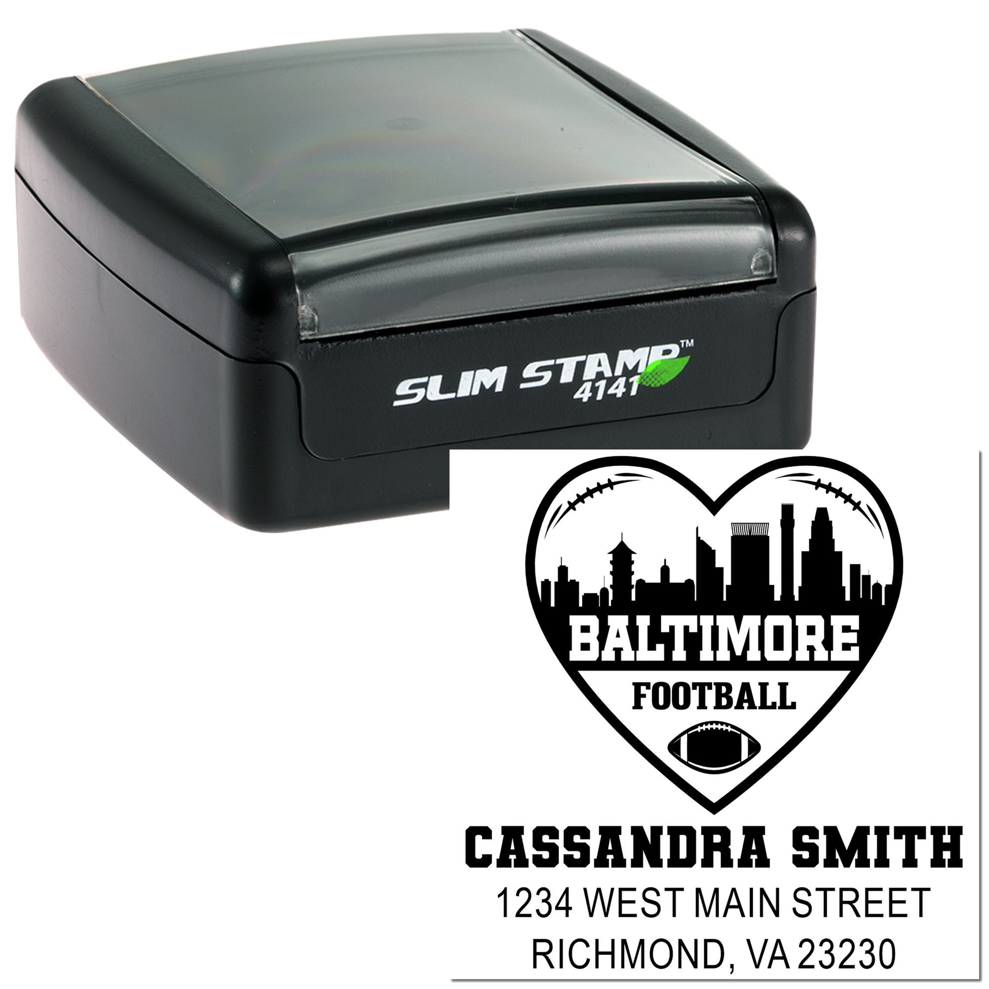 Slim self-inking rubber stamp with Baltimore football heart design, personalized name and address for stationery or fan gifts.