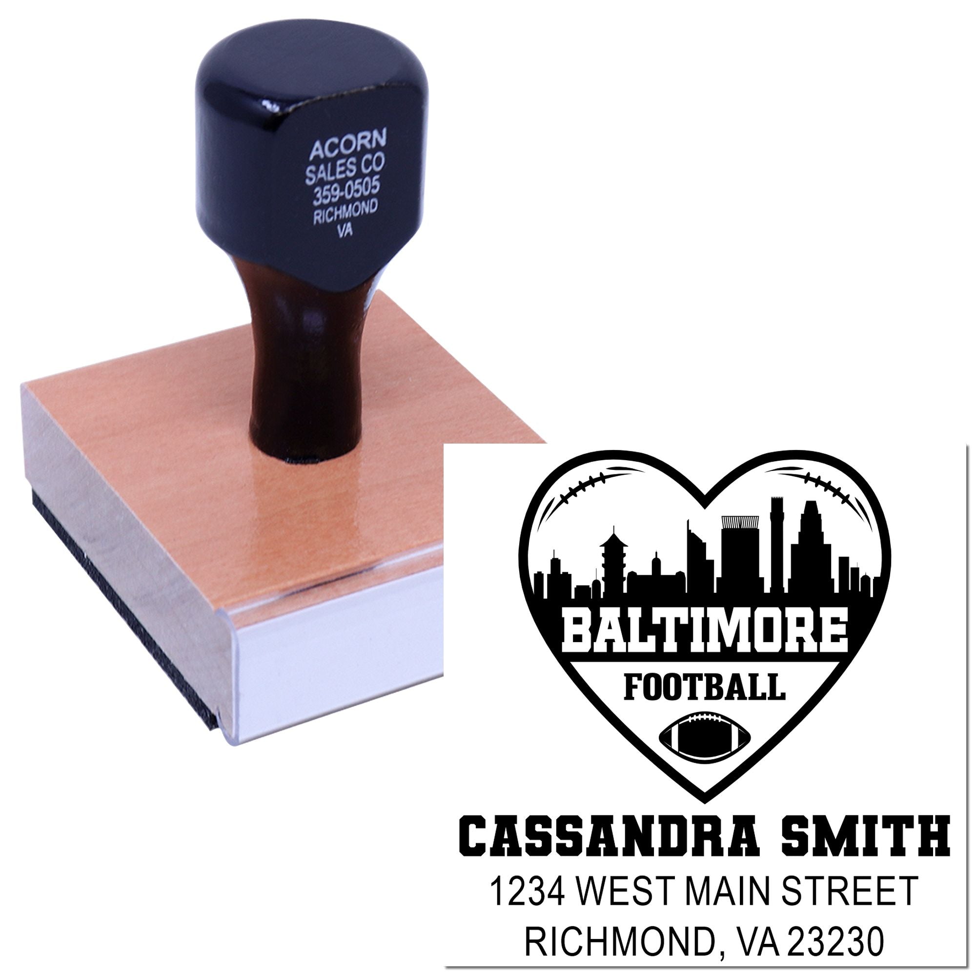 Custom rubber stamp with Baltimore football design, name and address for personalized branding and mailings.
