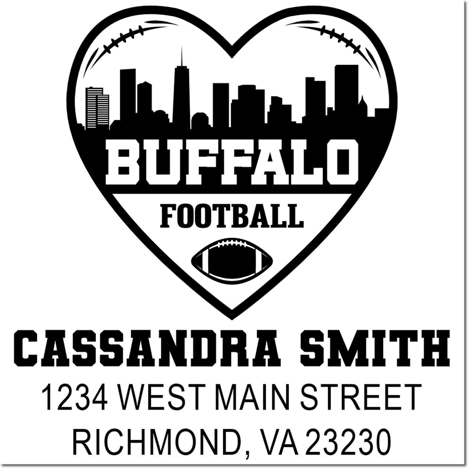 Personalized Buffalo football rubber stamp with heart skyline, custom name Cassandra Smith, and Richmond, VA address.