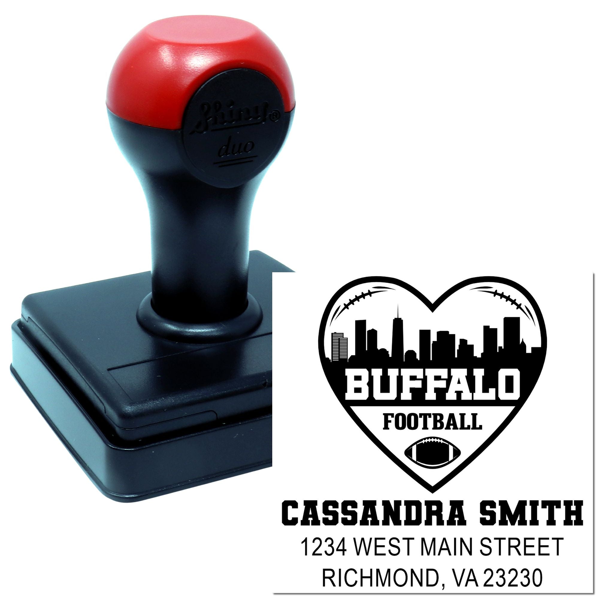 Custom self-inking rubber stamp featuring Buffalo football heart logo, personalized name, and address for fan mail.