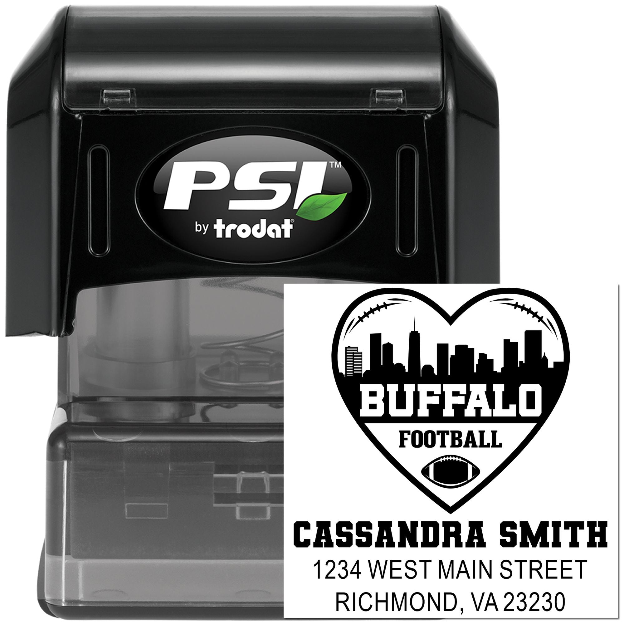 Custom Buffalo football self-inking address rubber stamp by PSI Trodat with name and mailing address design
