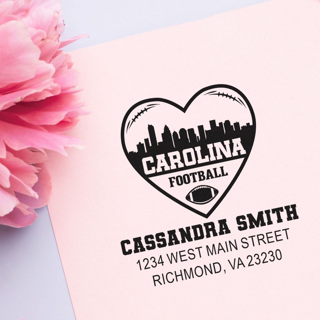 Custom football heart rubber stamp with Carolina, Cassandra Smith, and Richmond, VA return address