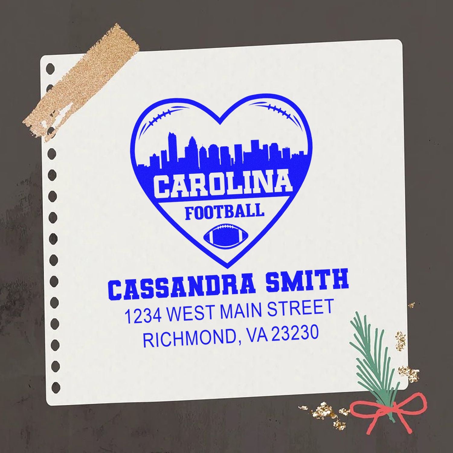 Personalized Carolina football rubber stamp with heart skyline logo, name, and address for fan stationery.