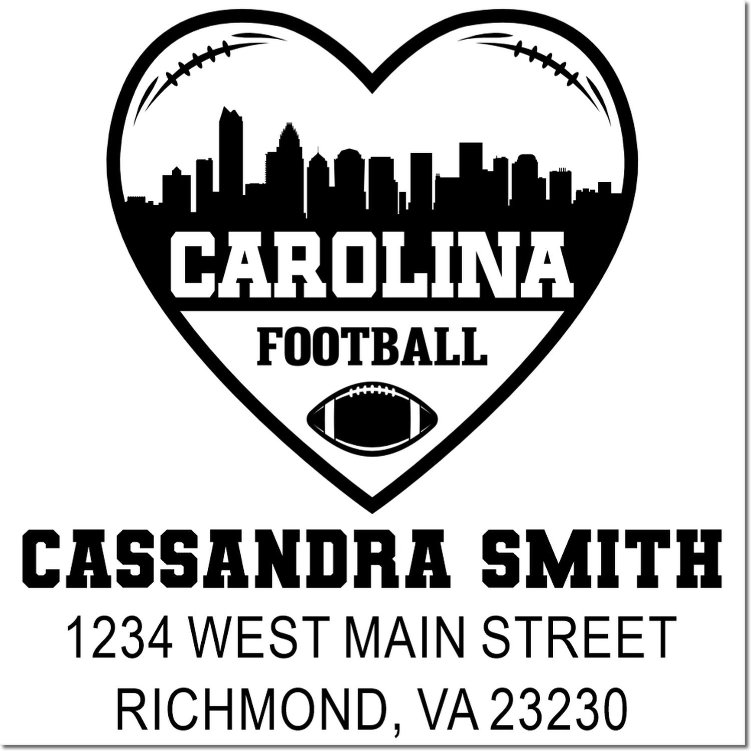 Custom Carolina football return address rubber stamp with heart skyline, Cassandra Smith, Richmond VA 23230