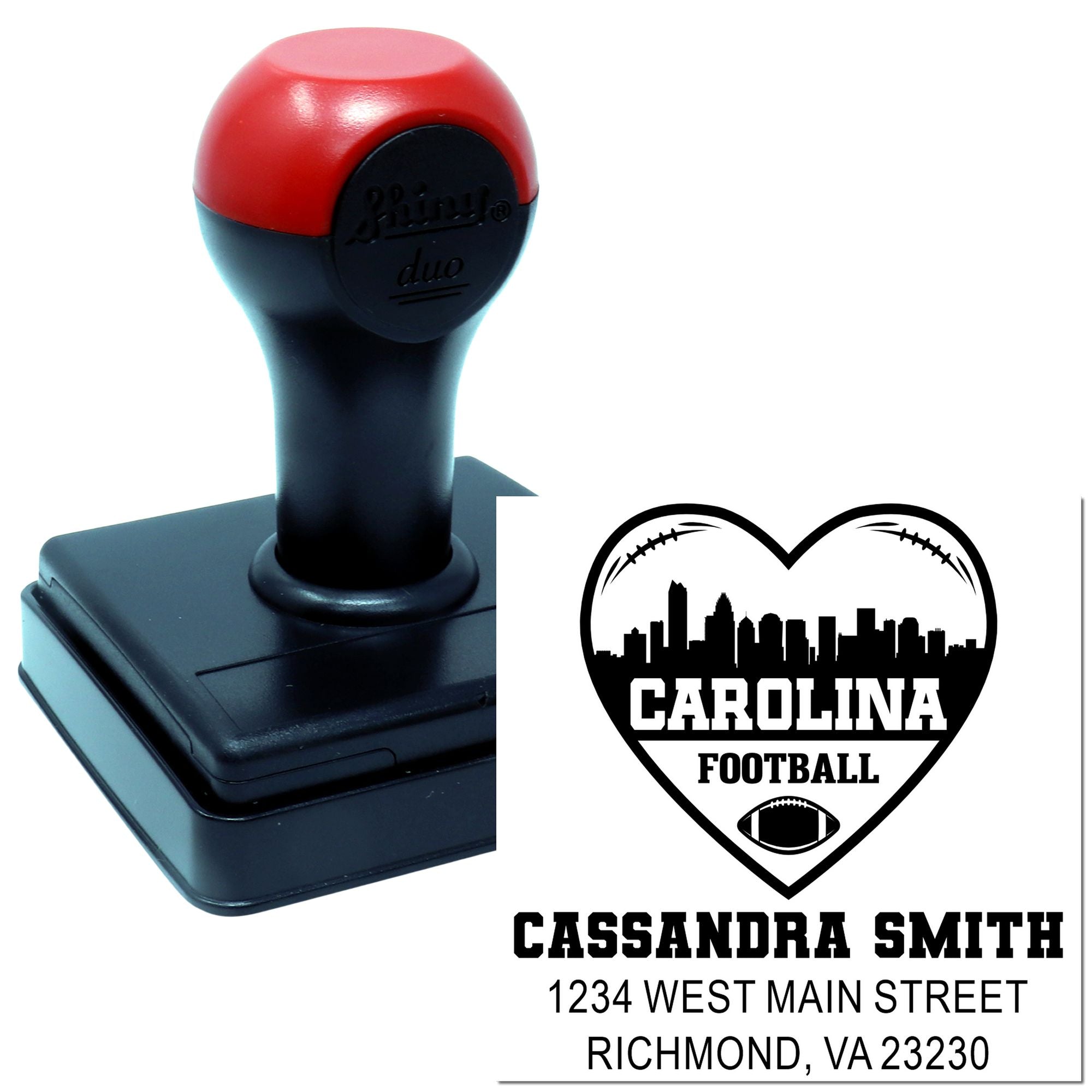 Self-inking rubber stamp for Carolina Football, featuring a custom heart logo, name, and address for personalized marking.