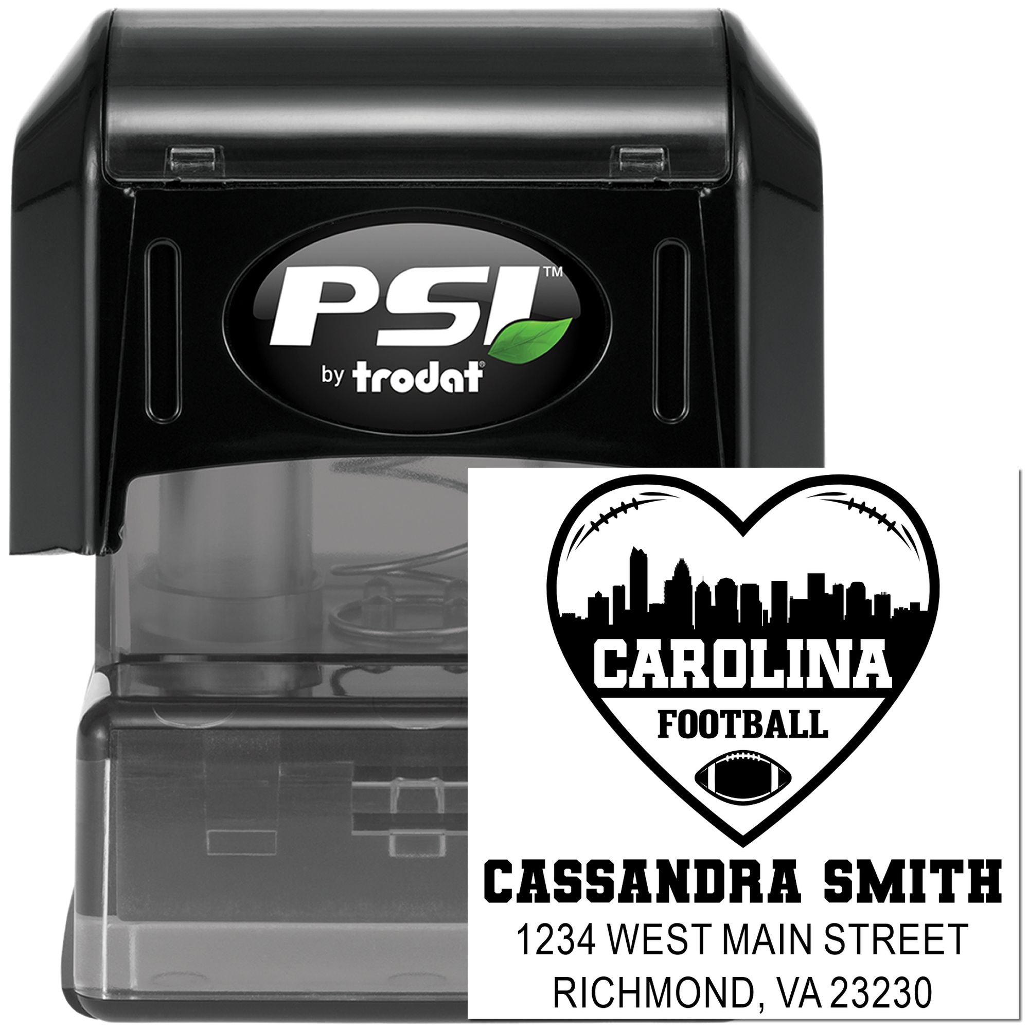 Custom self-inking rubber stamp with Carolina Football design, name, and address imprint for personalized sports event mailings.