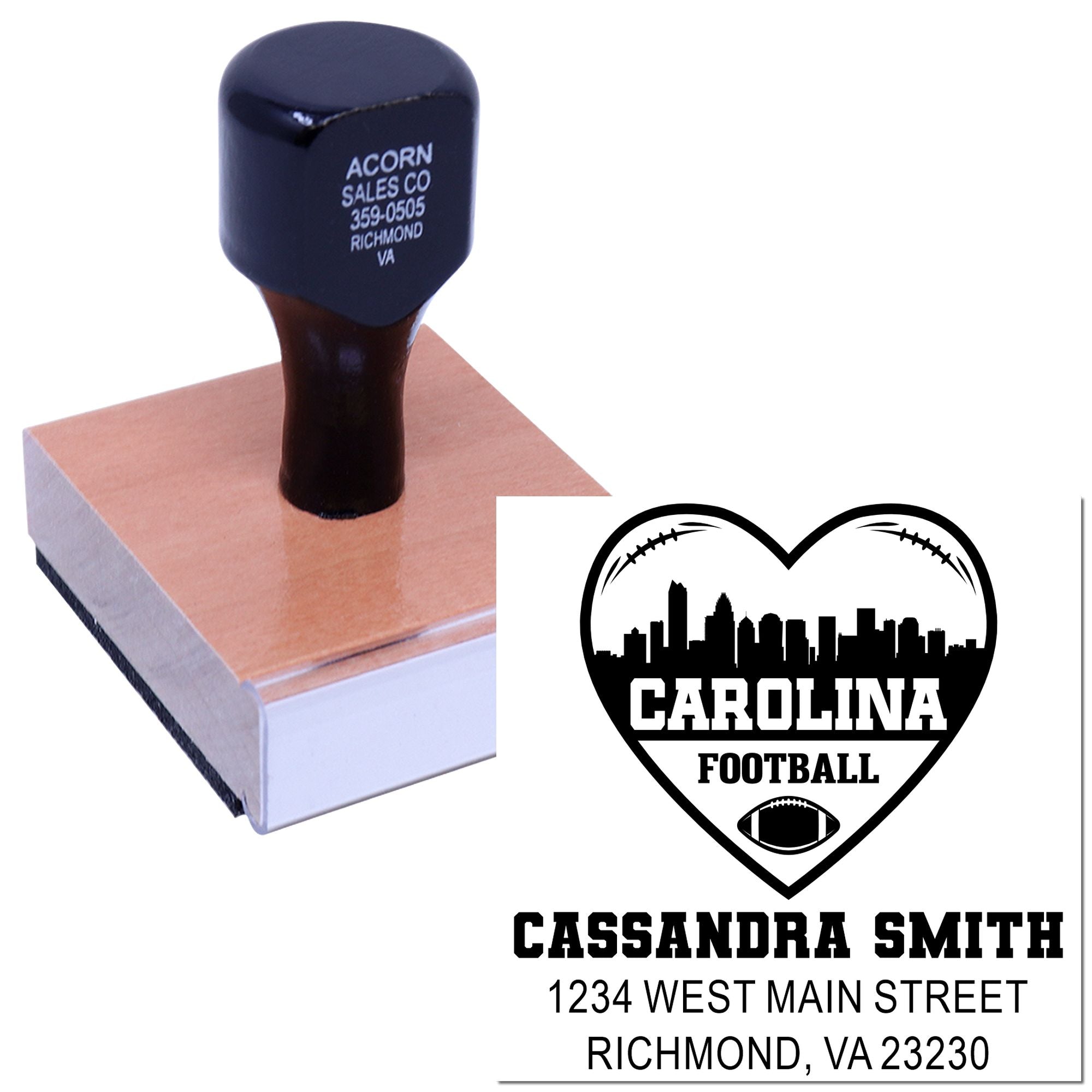 Custom rubber stamp with Carolina Football heart logo and personalized name, address, and Richmond, VA imprint.