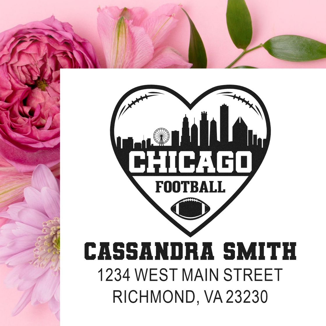 Custom Chicago football rubber stamp with heart skyline design, Cassandra Smith name and Richmond, VA address.