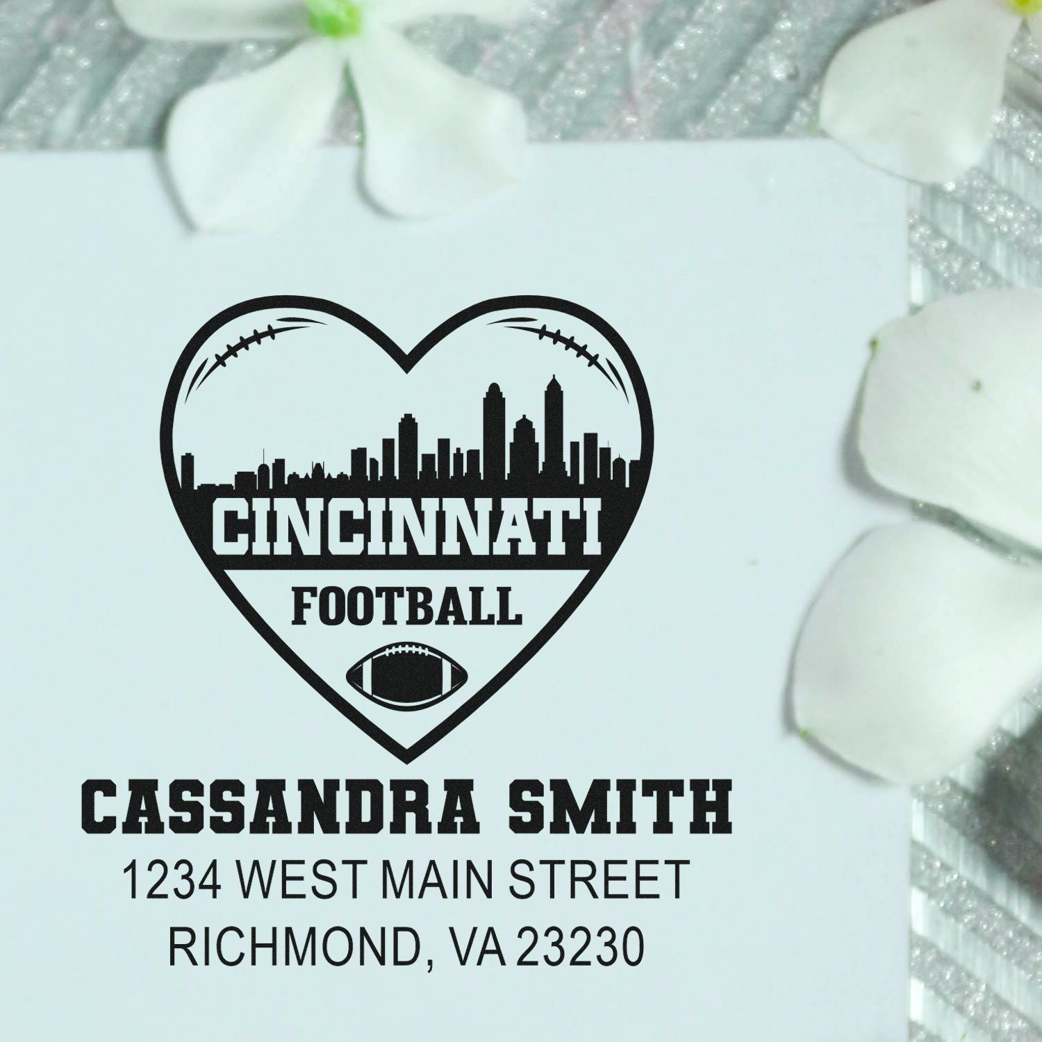 Custom Cincinnati football return address rubber stamp with heart skyline, name, and address.