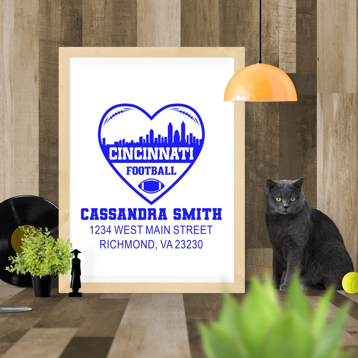 Custom Cincinnati football rubber stamp with heart logo, personalized name, and return address for sports fan mail.