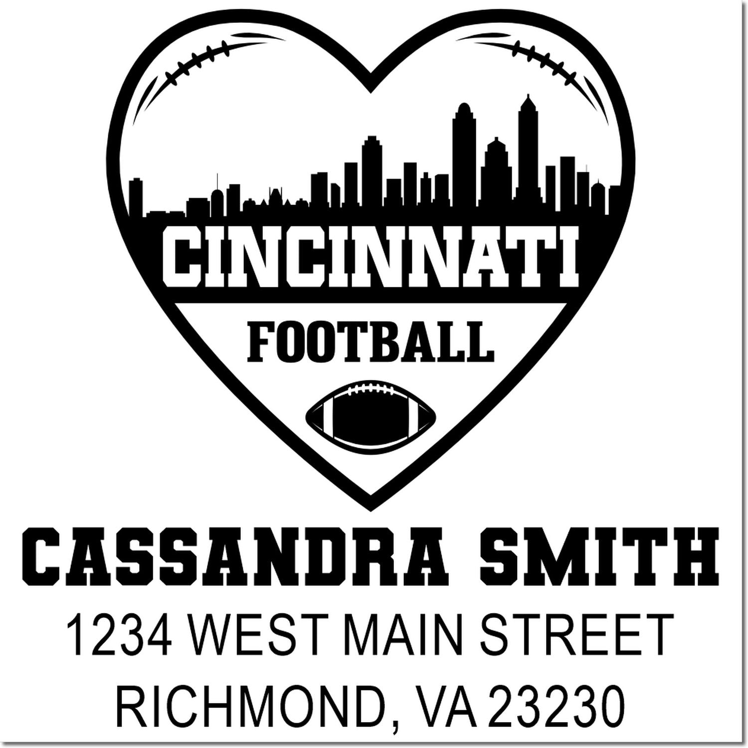 Personalized Cincinnati football return address rubber stamp with skyline heart design, Cassandra Smith, Richmond VA 23230