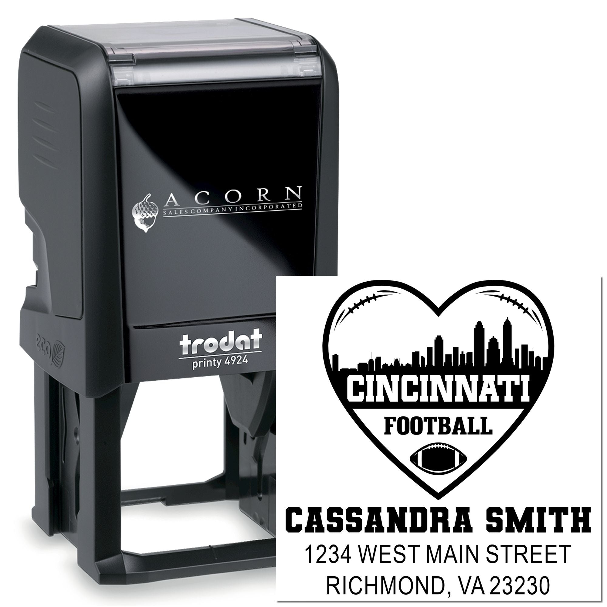 Custom self-inking rubber address stamp with Cincinnati football heart design for Trodat Printy 4924.