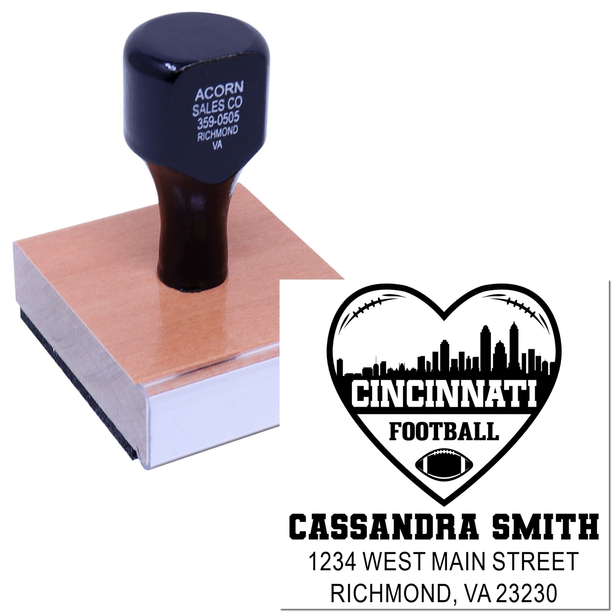Custom rubber stamp for football fan mail with Cincinnati heart logo, Cassandra Smith name, and Richmond, VA address.
