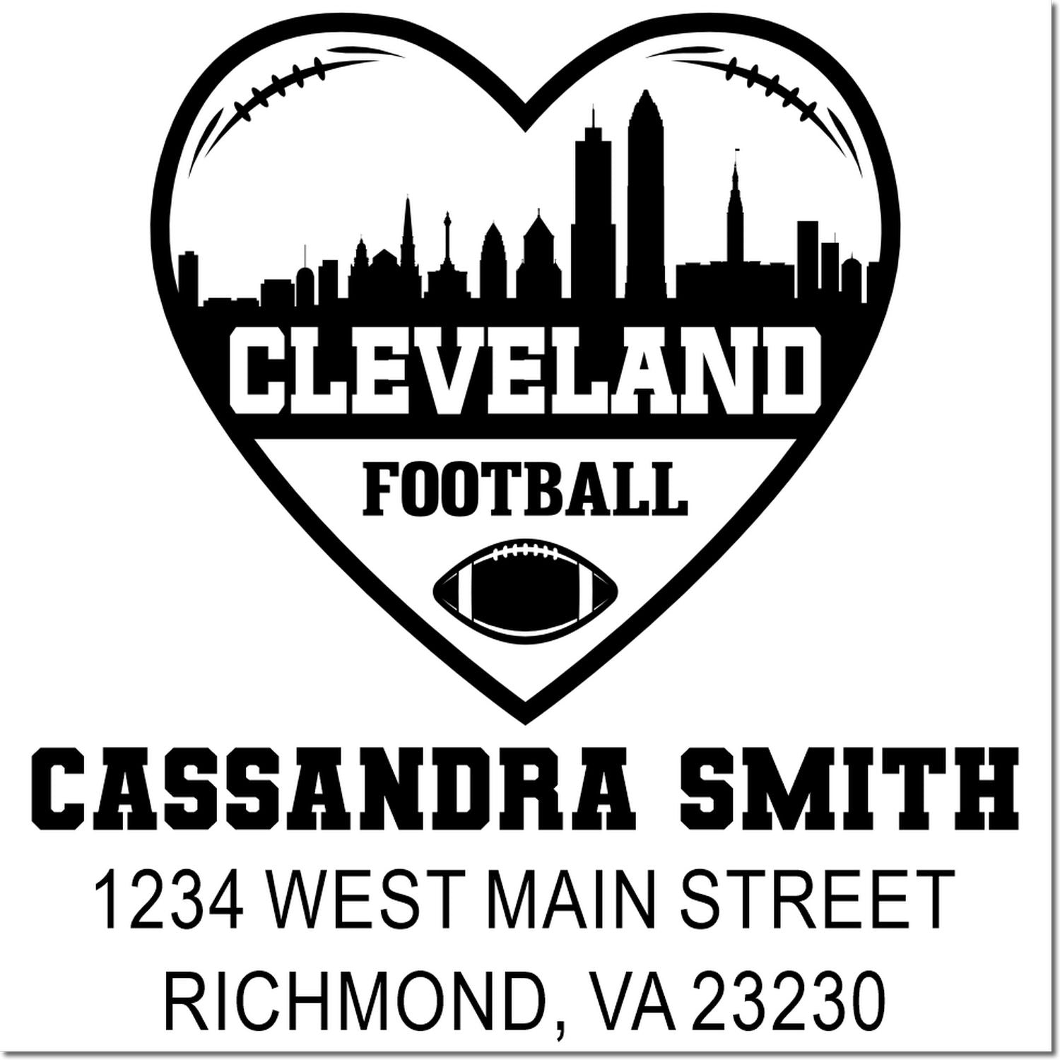 Custom Cleveland football return address rubber stamp with heart skyline, Cassandra Smith, 1234 West Main Street, Richmond VA 23230