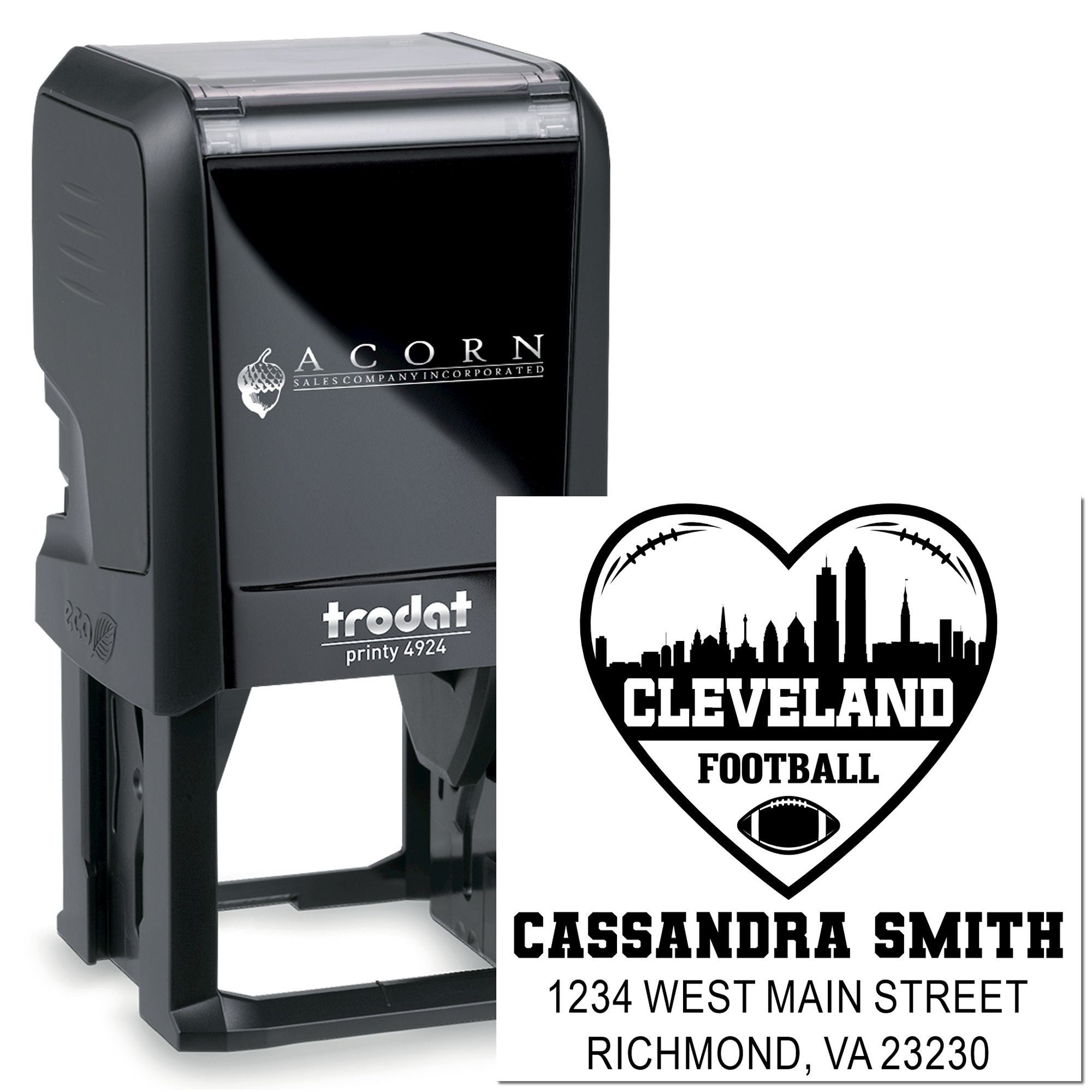 Personalized self-inking rubber stamp, Trodat Printy 4924, with Cleveland Football address design for Cassandra Smith.