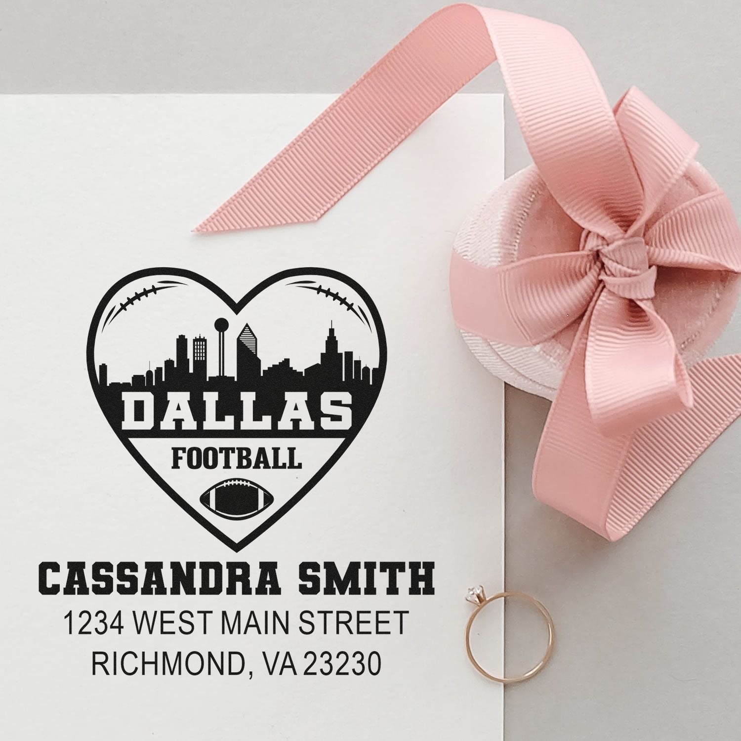 Custom Dallas football rubber stamp design with heart skyline, personalized for Cassandra Smith with address on a gift card.