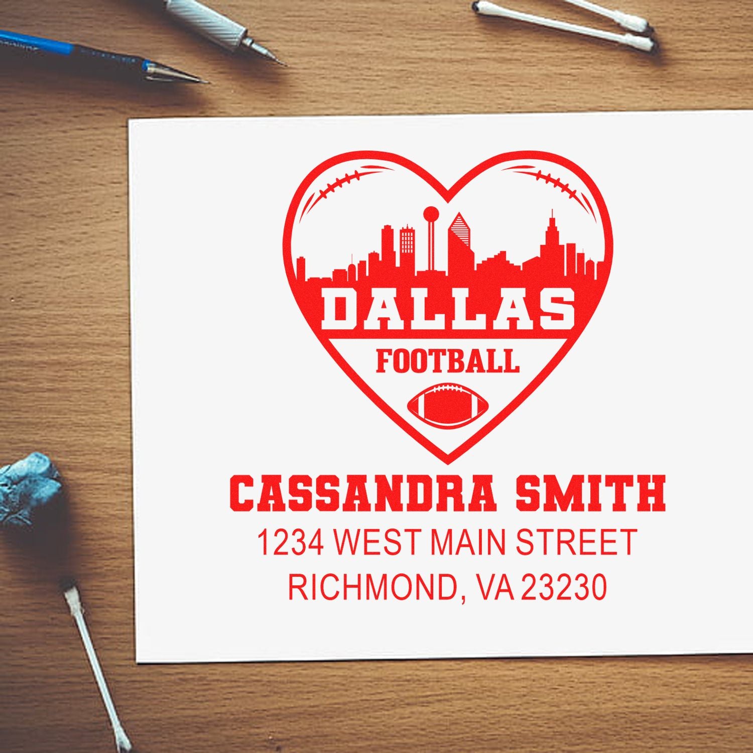 Custom Dallas football address rubber stamp with heart skyline, personalized for Cassandra Smith.