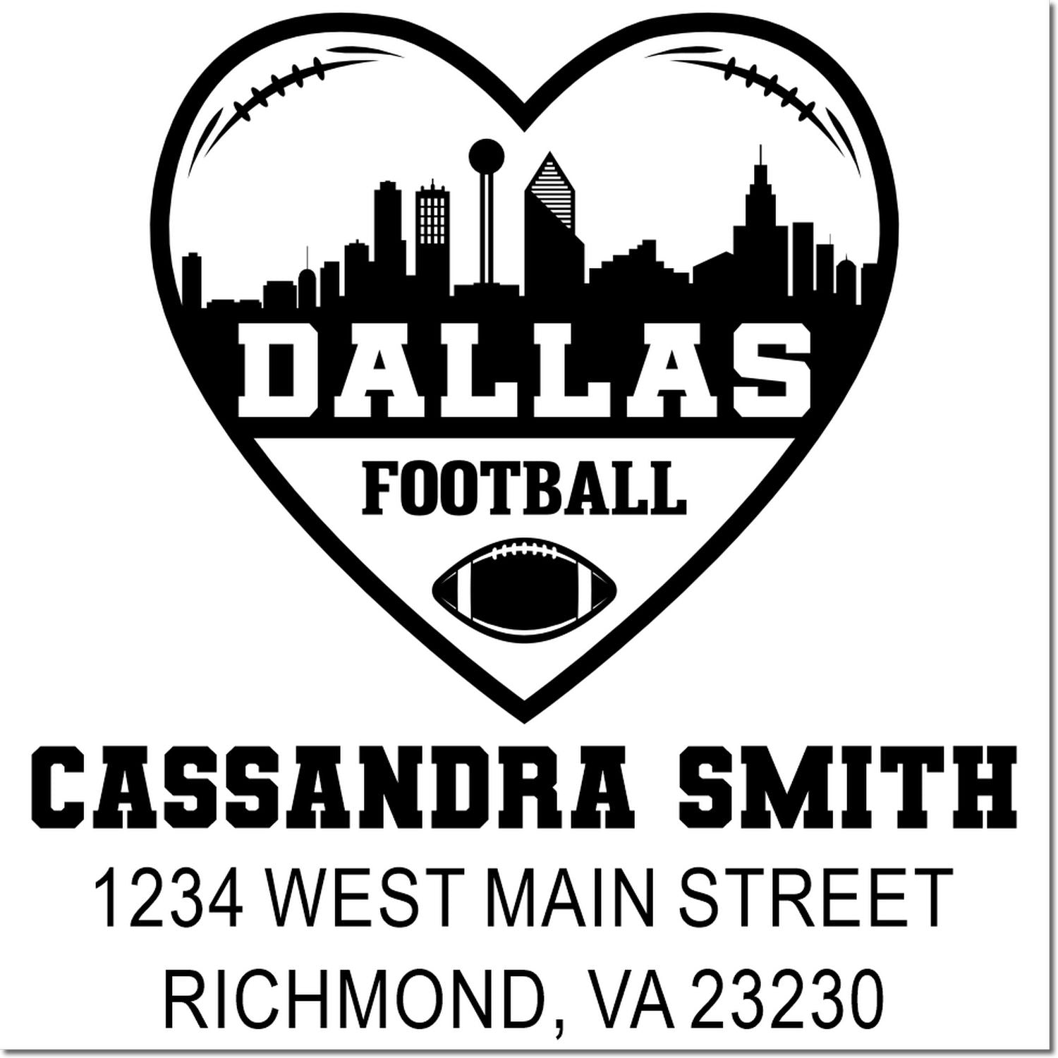 Custom Dallas football rubber stamp with heart skyline, personalized for Cassandra Smith and Richmond, VA address.