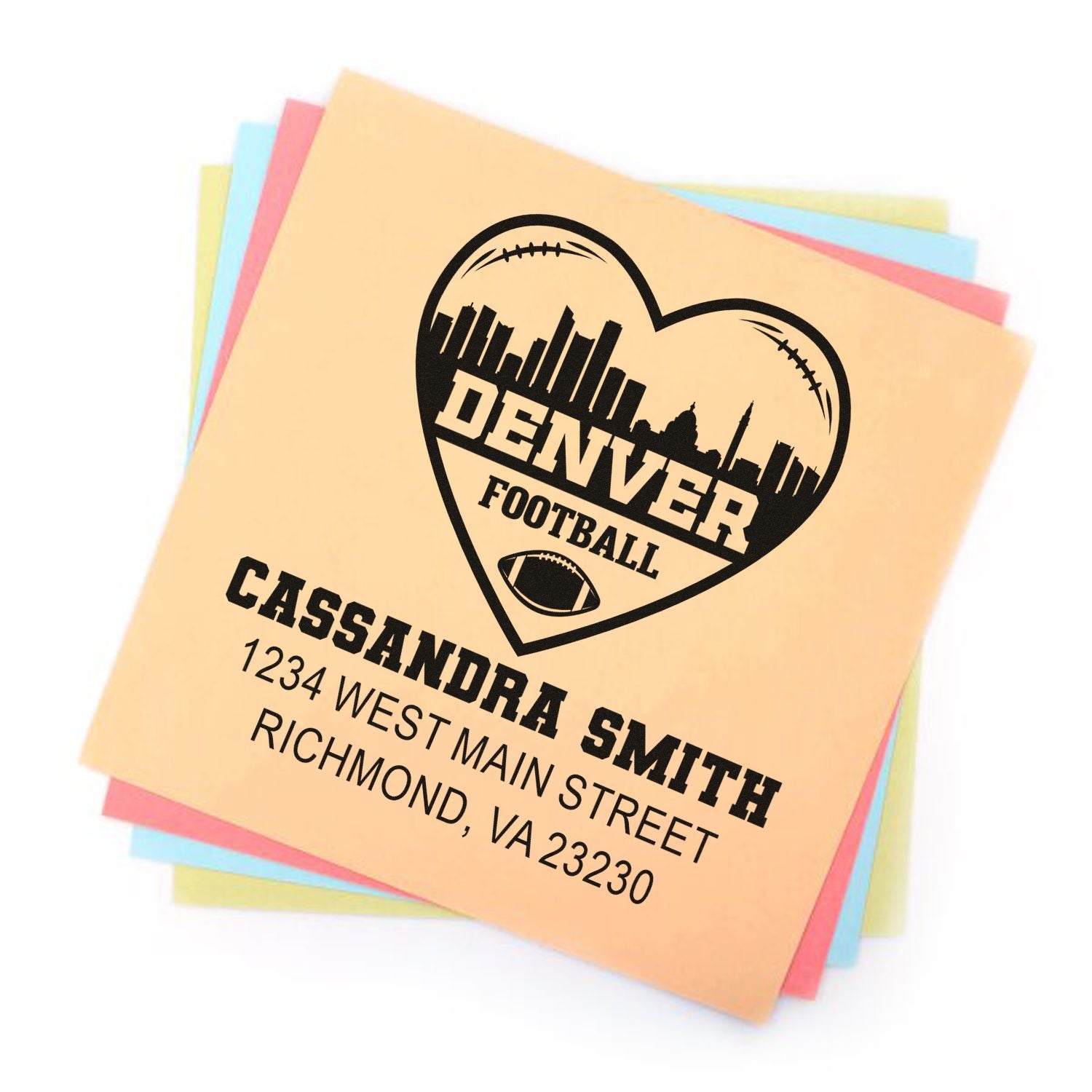 Personalized Denver football rubber stamp with heart skyline logo and Cassandra Smith return address in Richmond, VA 23230