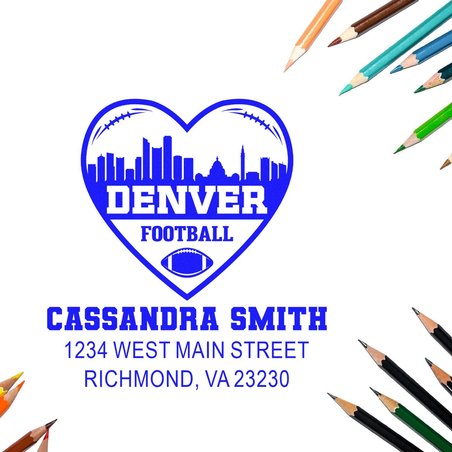 Personalized Denver Football rubber stamp design with heart skyline for Cassandra Smith, Richmond VA.