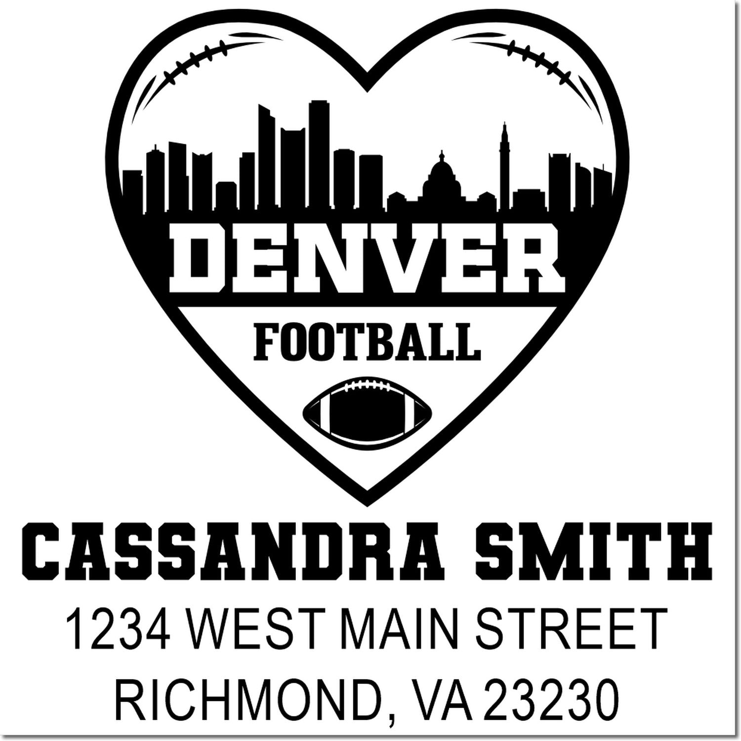 Custom Denver football rubber stamp with heart skyline, personalized Cassandra Smith name, and Richmond, VA address.