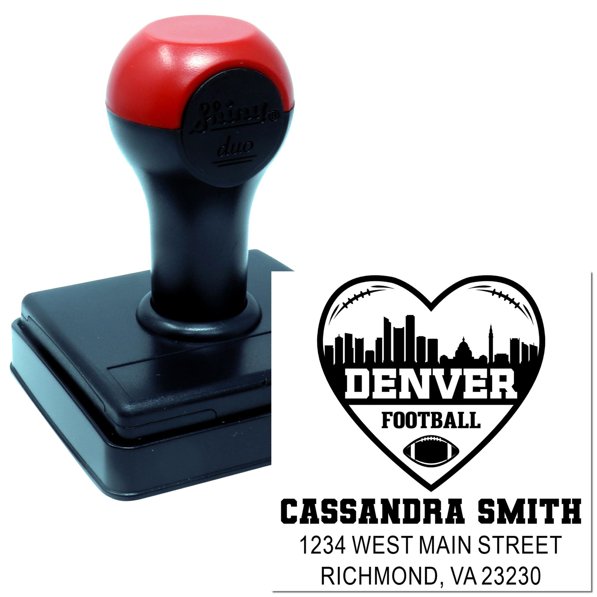 Custom self-inking rubber stamp for Denver football fans with heart logo, name, and return address.