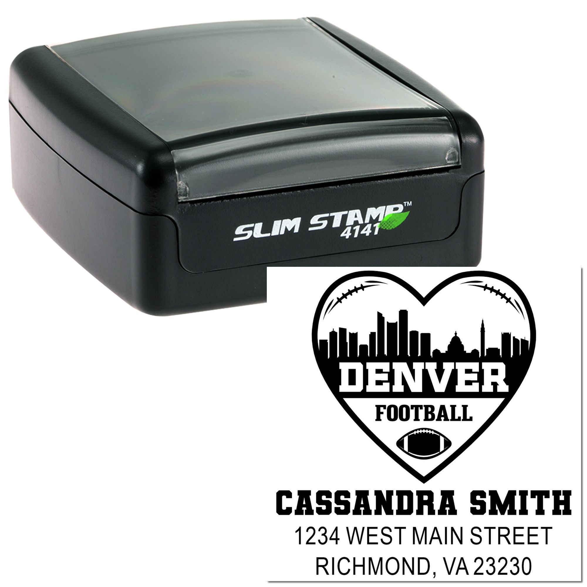 Custom self-inking rubber stamp with Denver football heart design, name and address imprint for personalized mailing.
