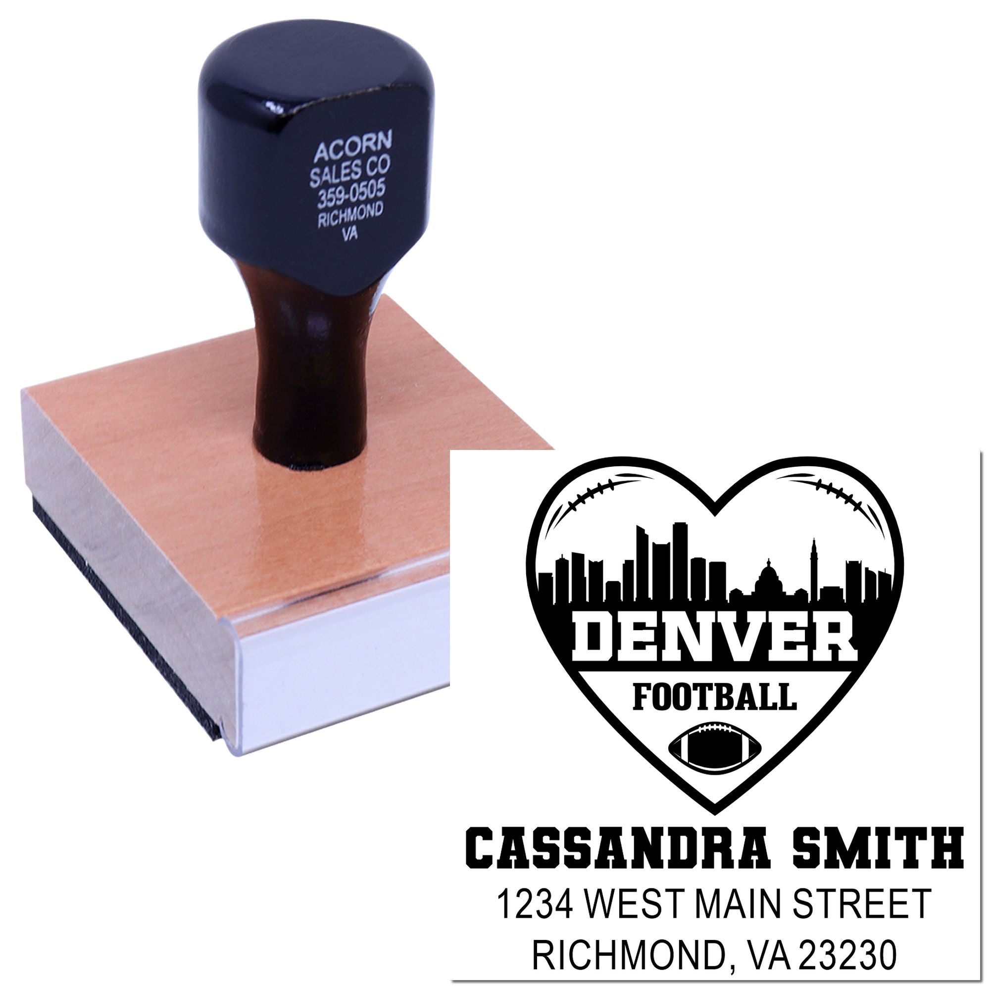 Custom wood handle rubber stamp showing a Denver football heart logo with personalized name and address.