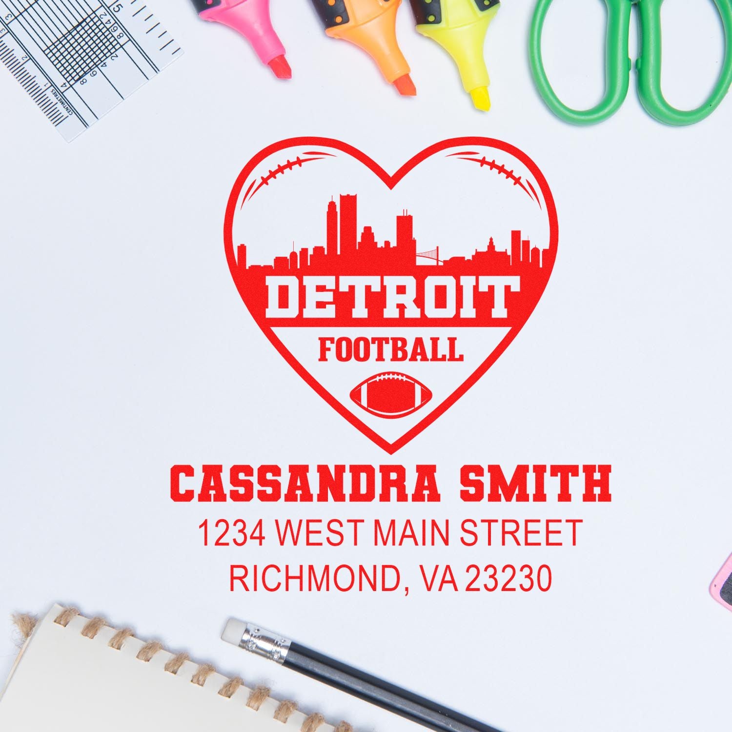 Personalized Detroit football return address rubber stamp with heart skyline and custom name for sports-themed mailings.