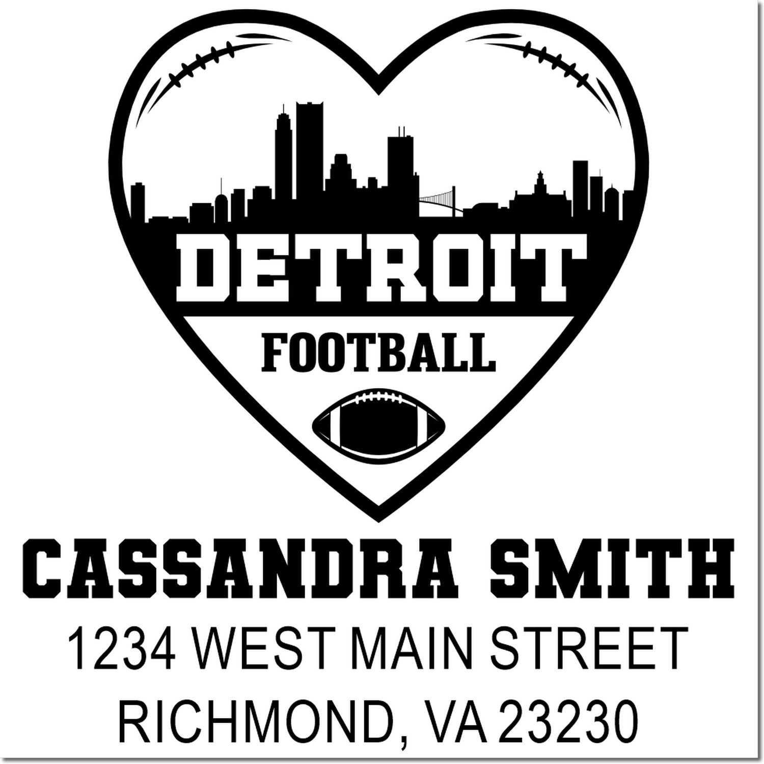 Custom Detroit football rubber stamp with heart skyline, Cassandra Smith name, and Richmond, VA address.