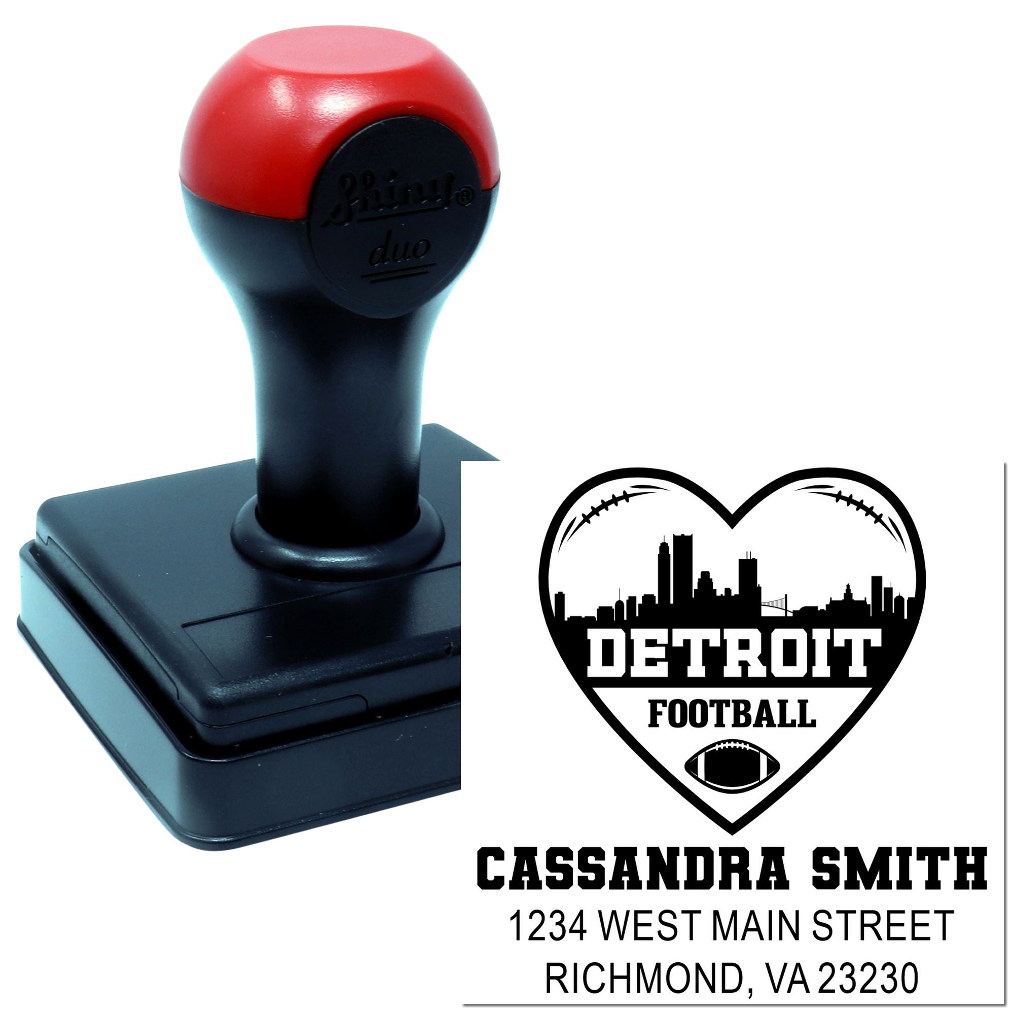Custom self-inking rubber stamp with Detroit Football heart logo, name, and address for personalized mailing.