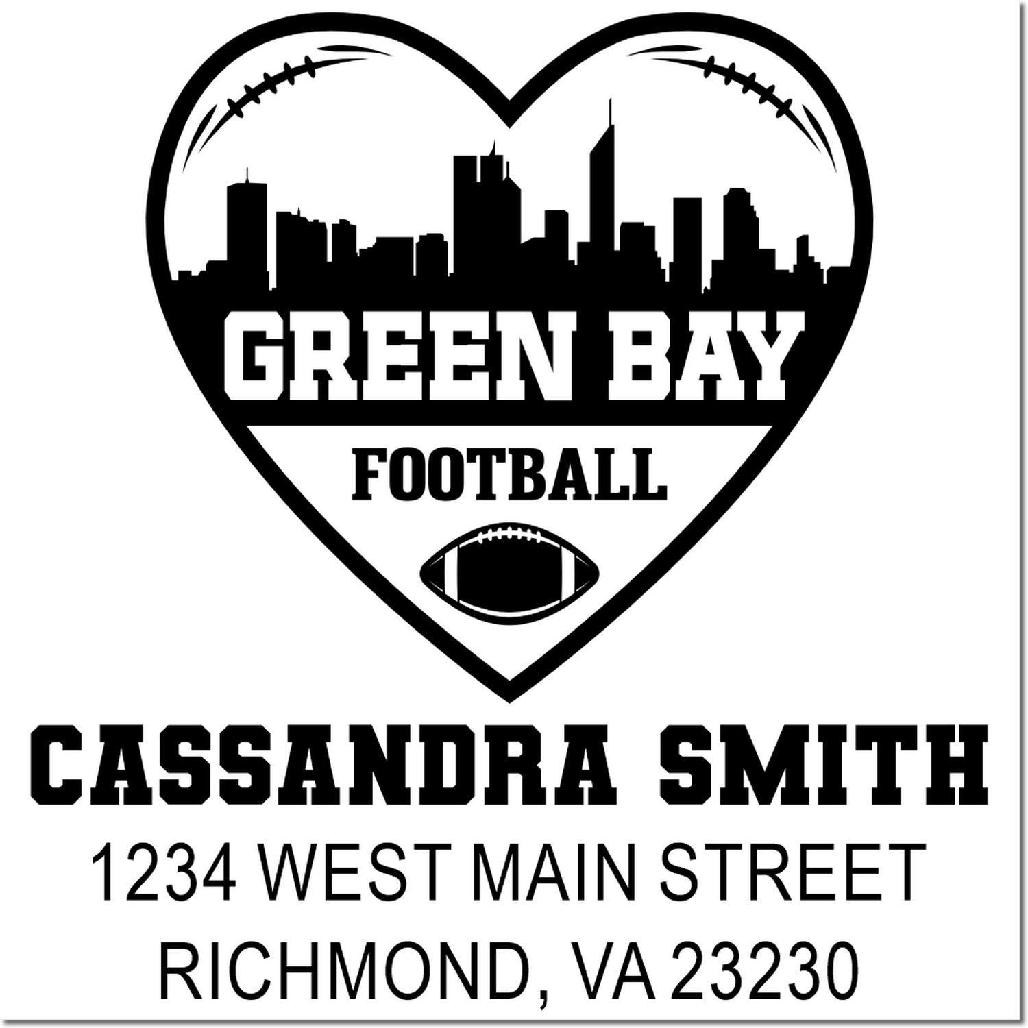 Custom Green Bay Football rubber stamp with heart skyline, football icon, and return address for Cassandra Smith, Richmond, VA 23230