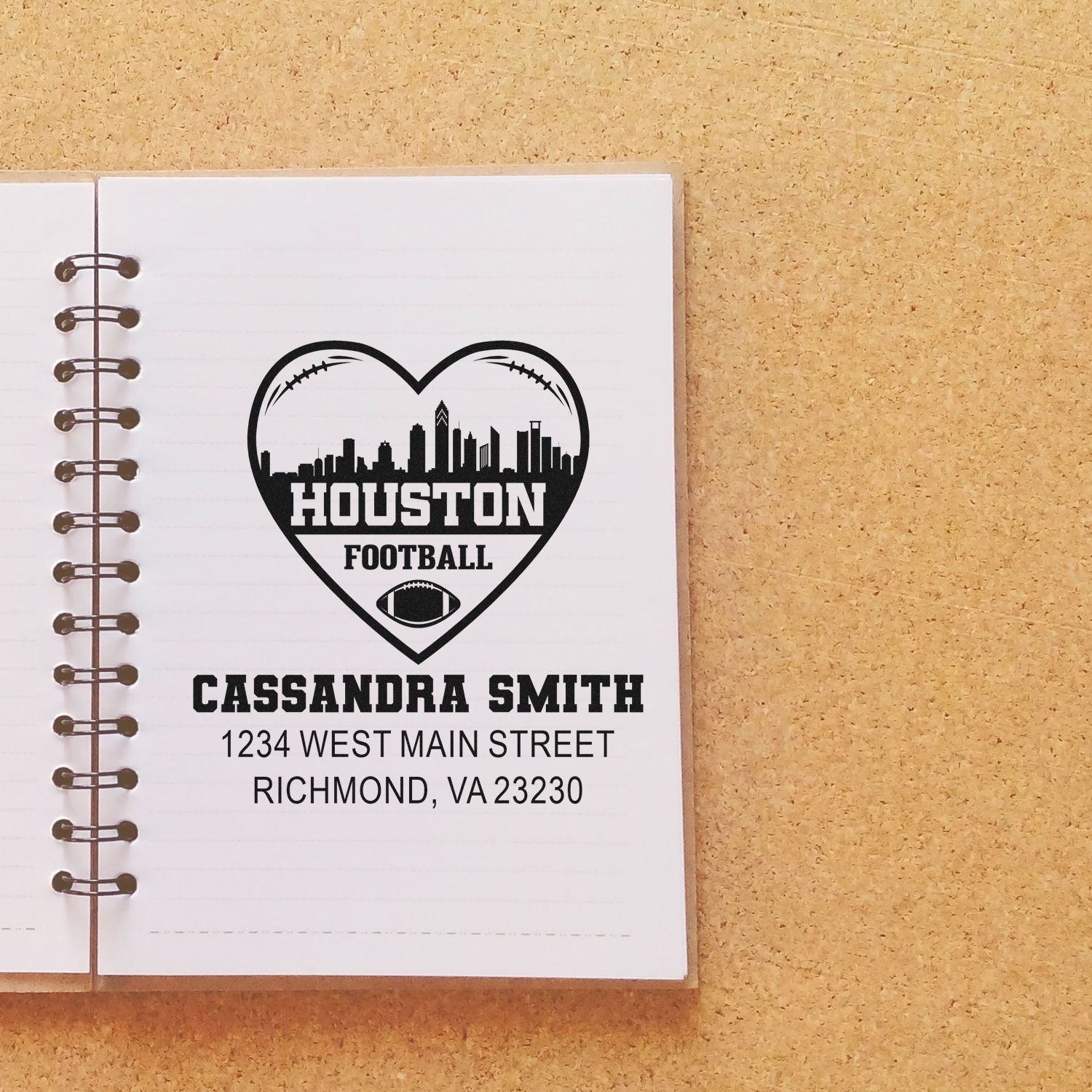 Personalized Houston football heart skyline return address rubber stamp for Cassandra Smith, Richmond, VA.