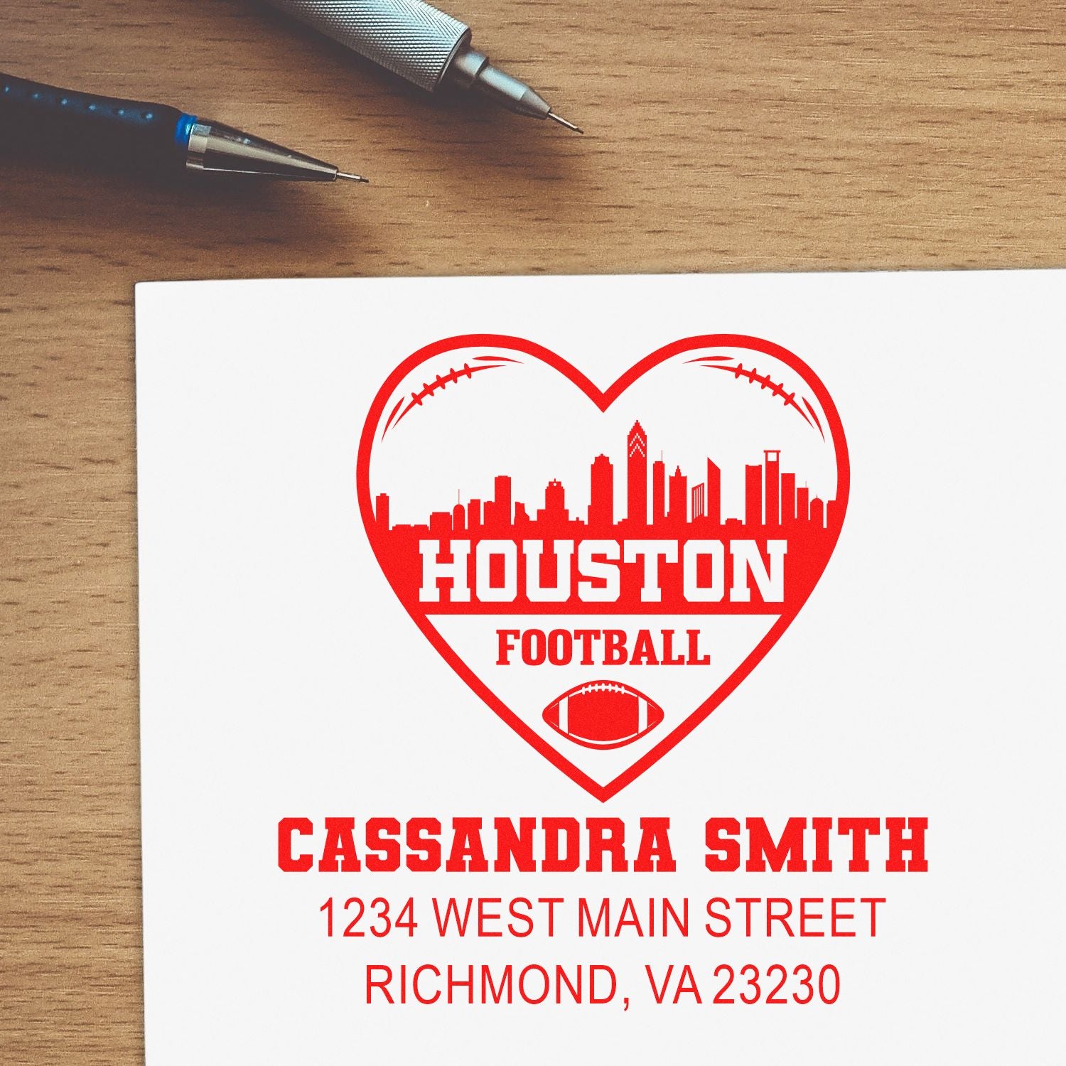 Custom Houston football heart rubber stamp design with skyline, name, and address for personalized stationery