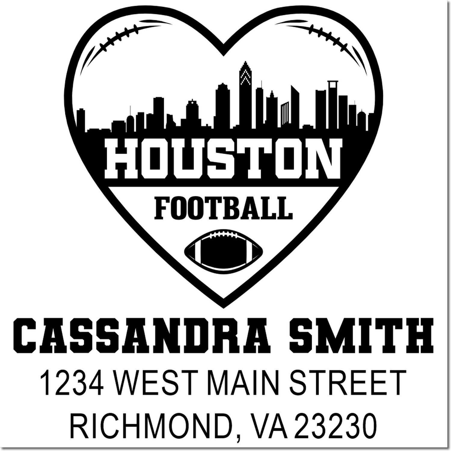 Custom Houston football rubber stamp with heart skyline, Cassandra Smith name, and Richmond, VA address.