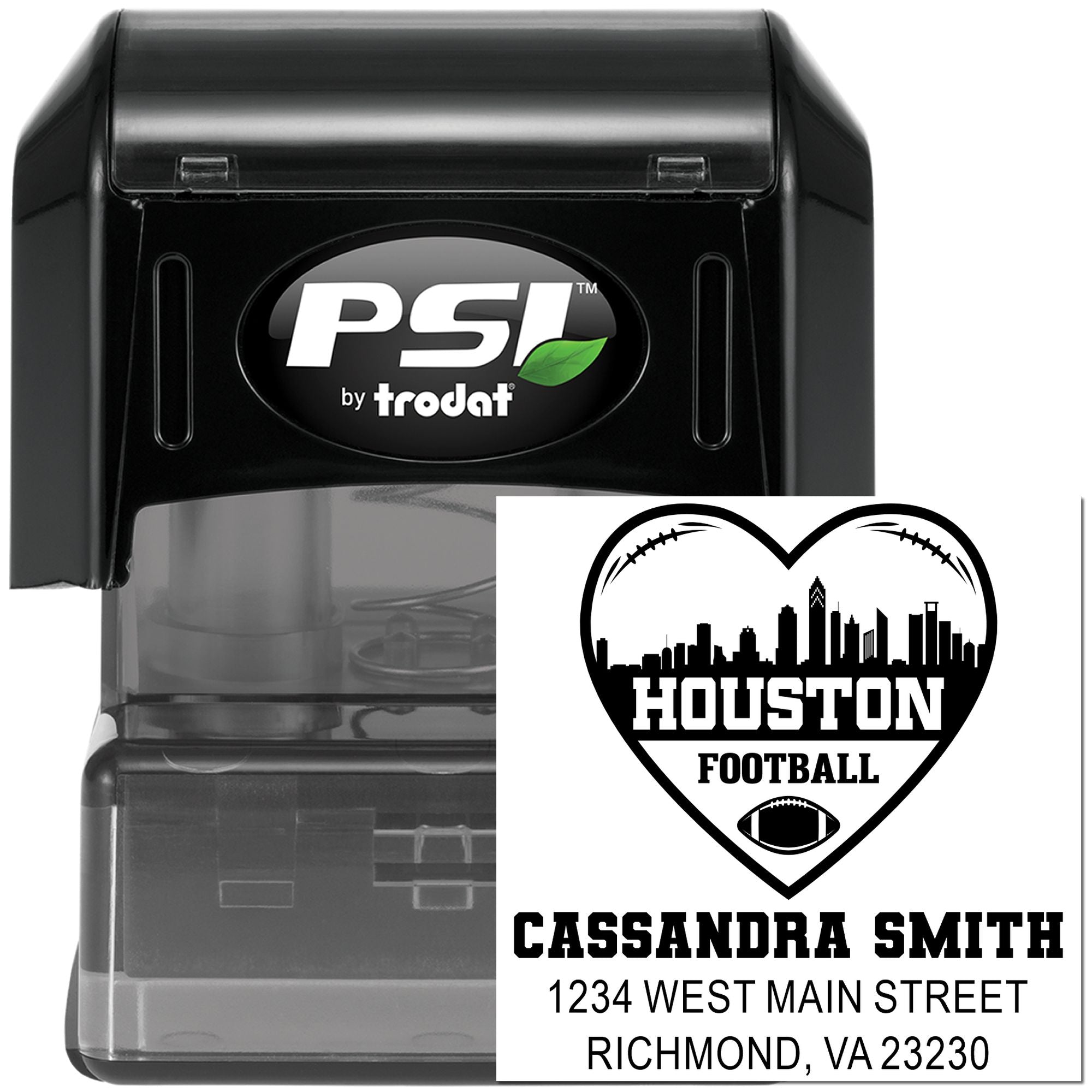 PSI by Trodat self-inking rubber stamp with custom Houston football heart skyline design and personalized address text.