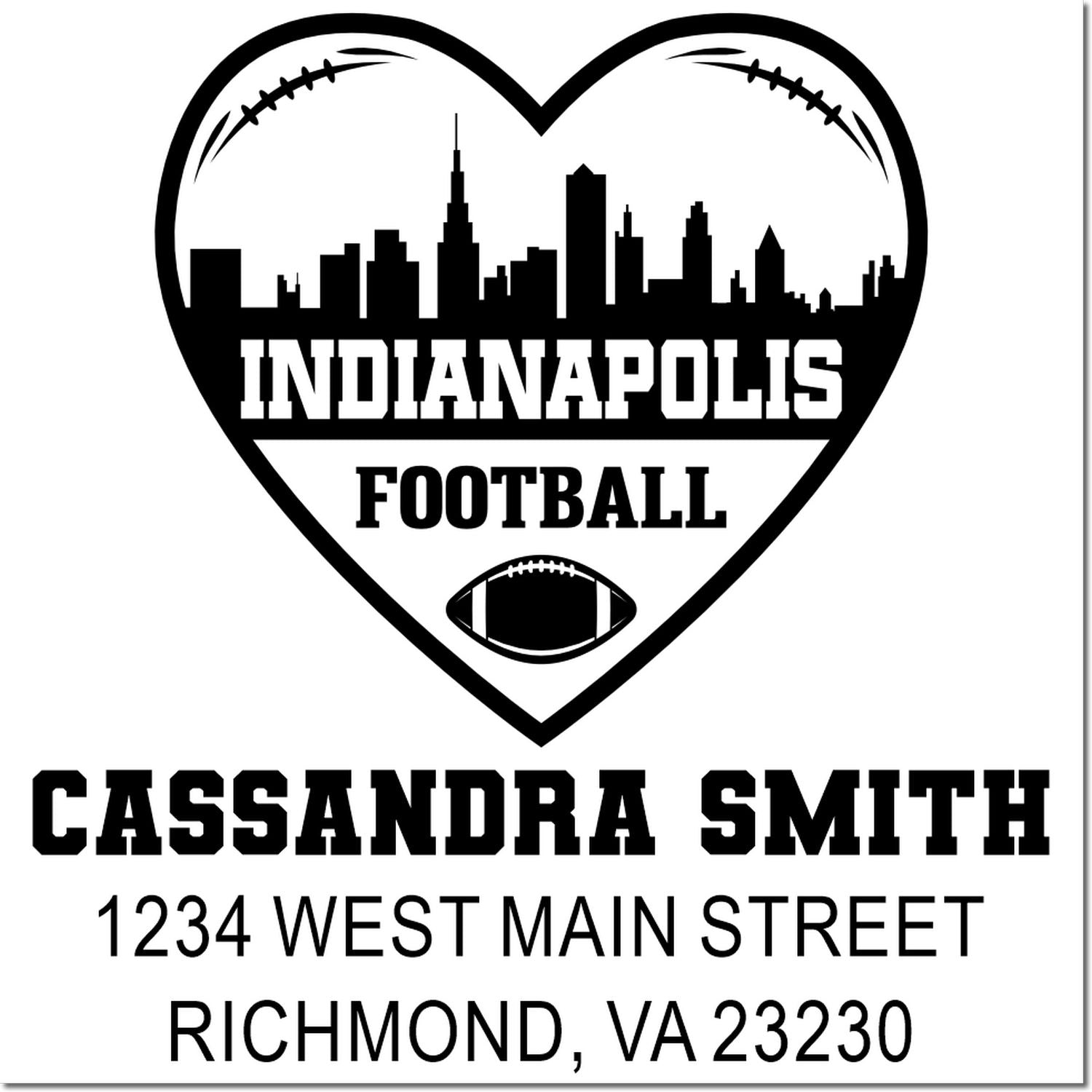 Custom Indianapolis football return address stamp with skyline heart design for Cassandra Smith, Richmond, VA 23230