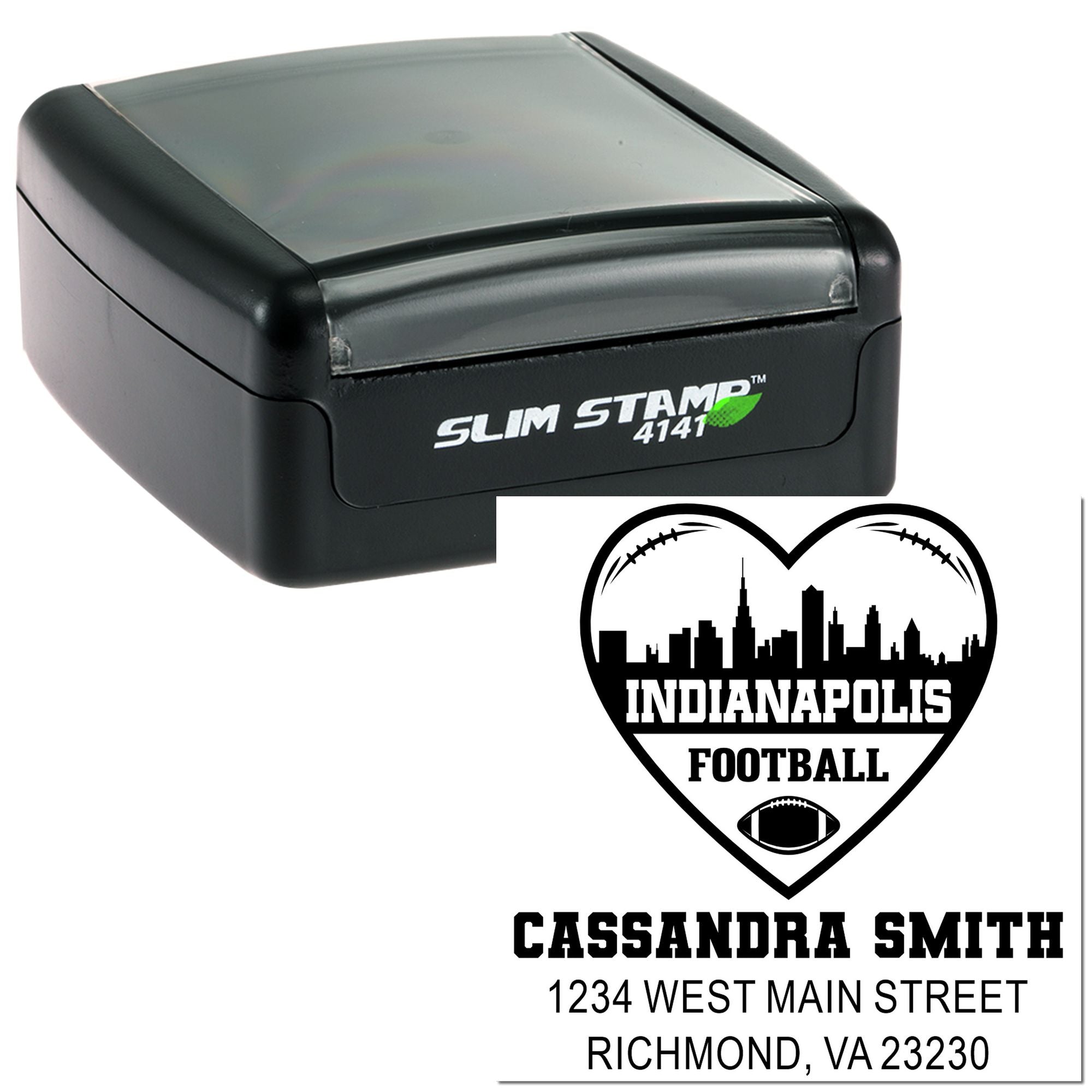 Custom self-inking rubber stamp with Indianapolis football heart design, personalized name and address, Slim Stamp 4141.