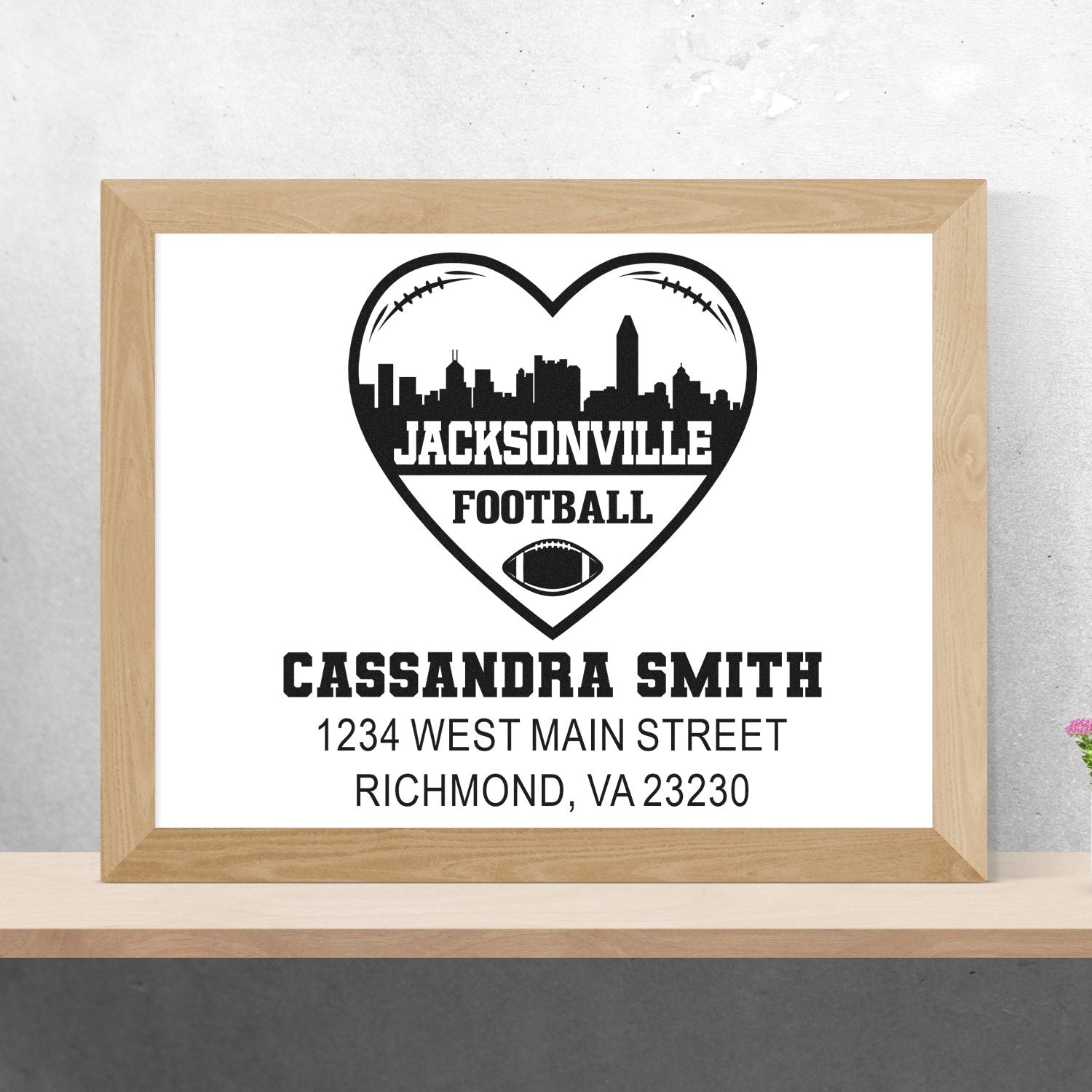 Custom Jacksonville football rubber stamp design with skyline, name, and address for personalized fan gifts.