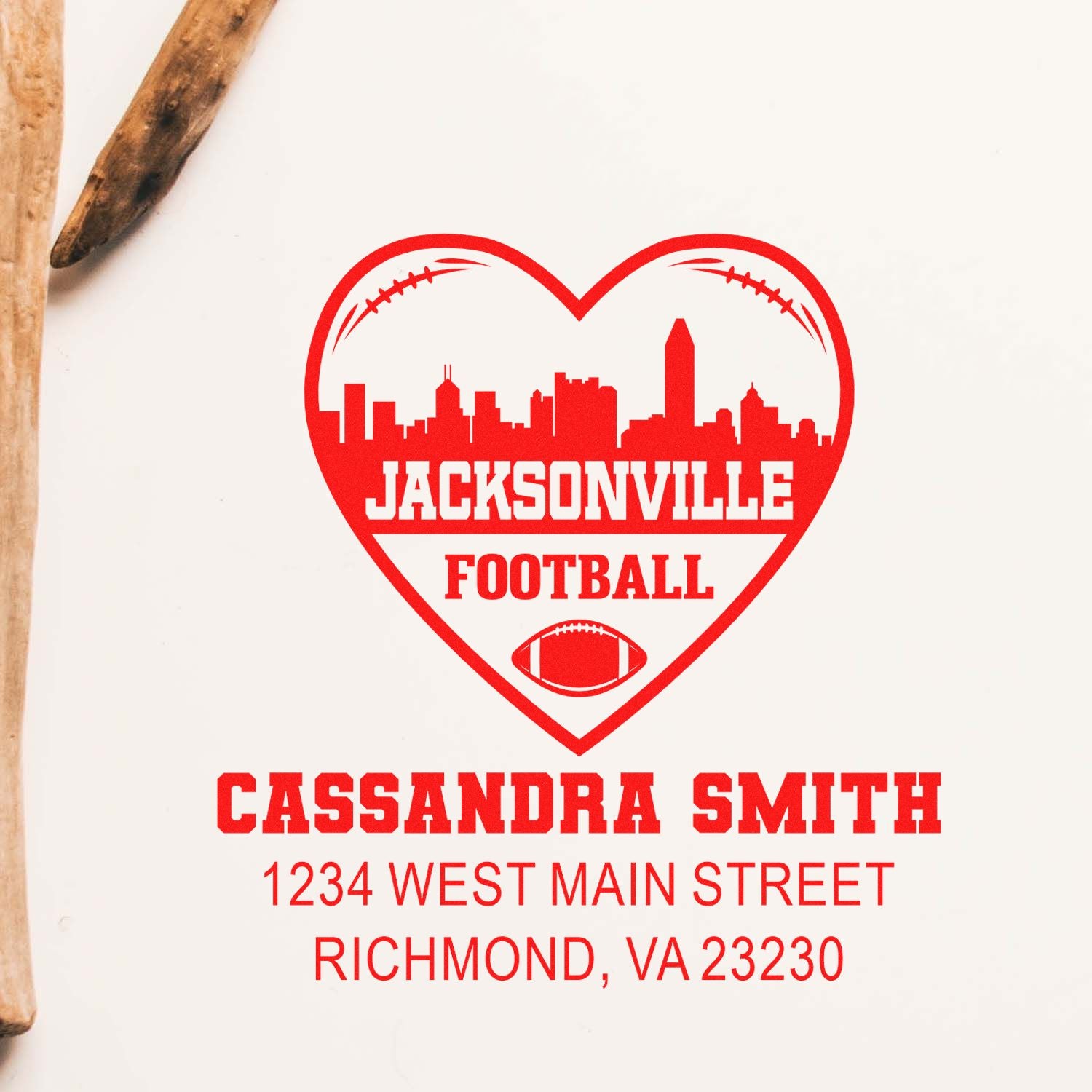 Custom Jacksonville football rubber stamp with heart logo, Cassandra Smith, and Richmond, VA return address.