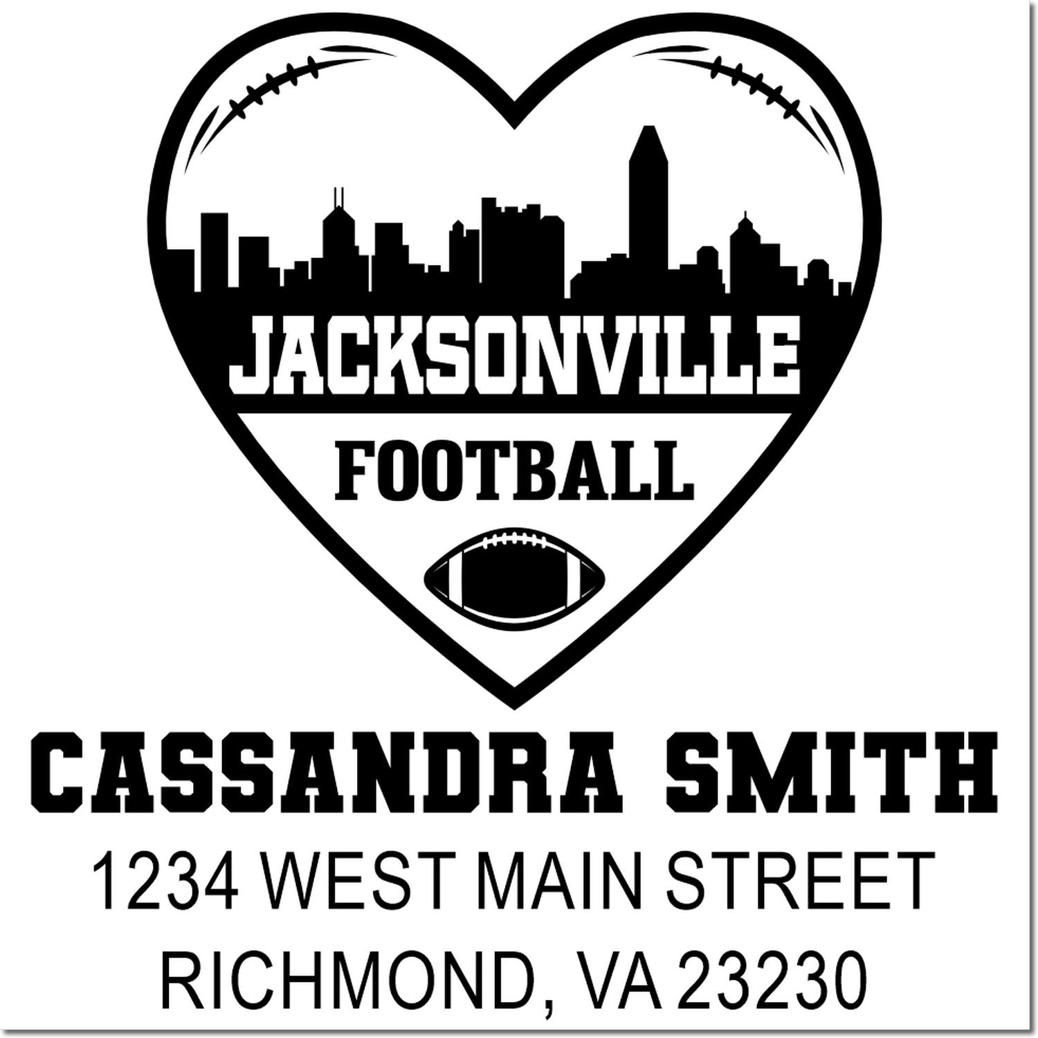 Custom Jacksonville football heart skyline address stamp with Cassandra Smith name and Richmond, VA return address.