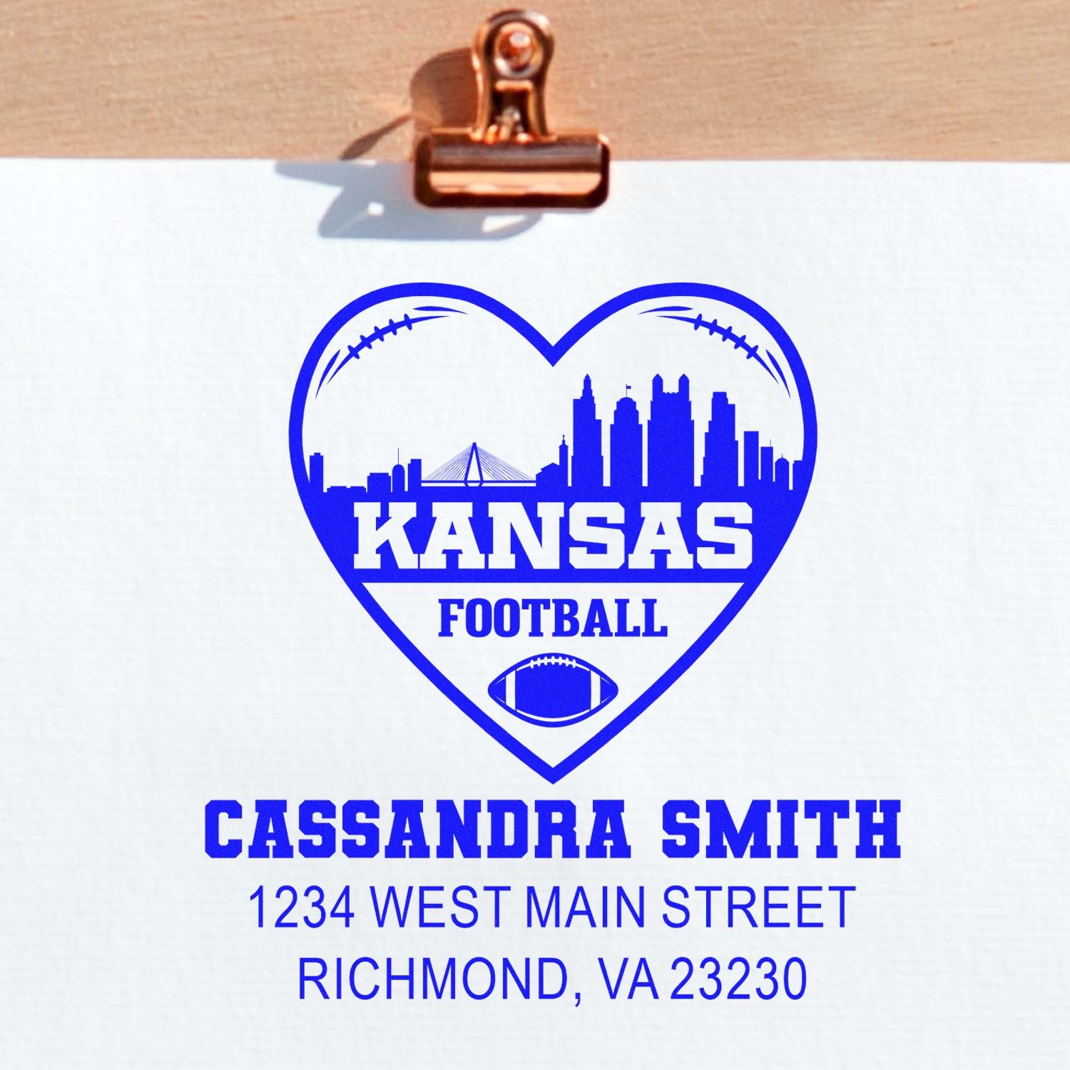 Custom Kansas football heart rubber stamp design with city skyline, personalized Cassandra Smith name and Richmond, VA address.