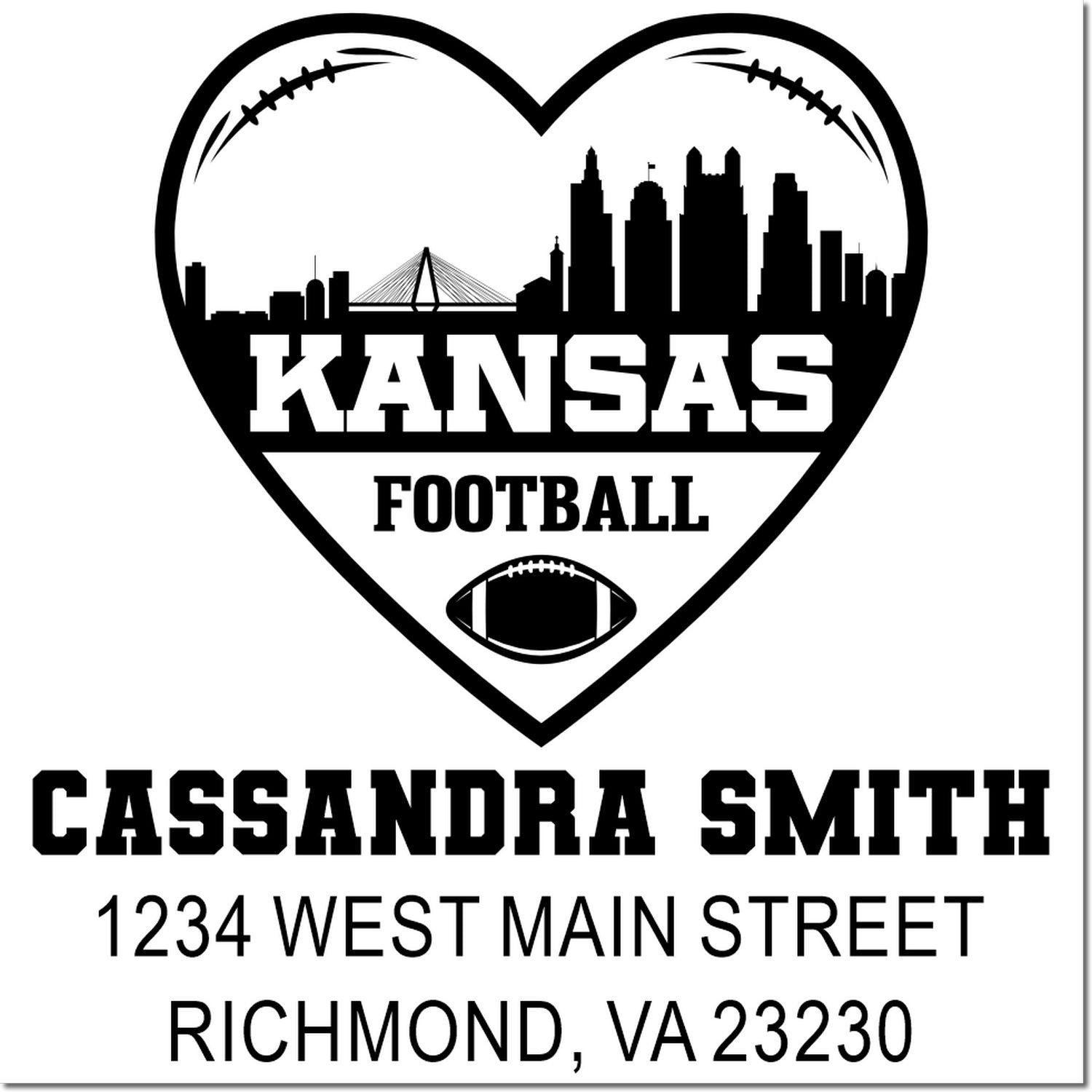 Custom Kansas football rubber stamp with heart skyline, football icon, name, and return address.
