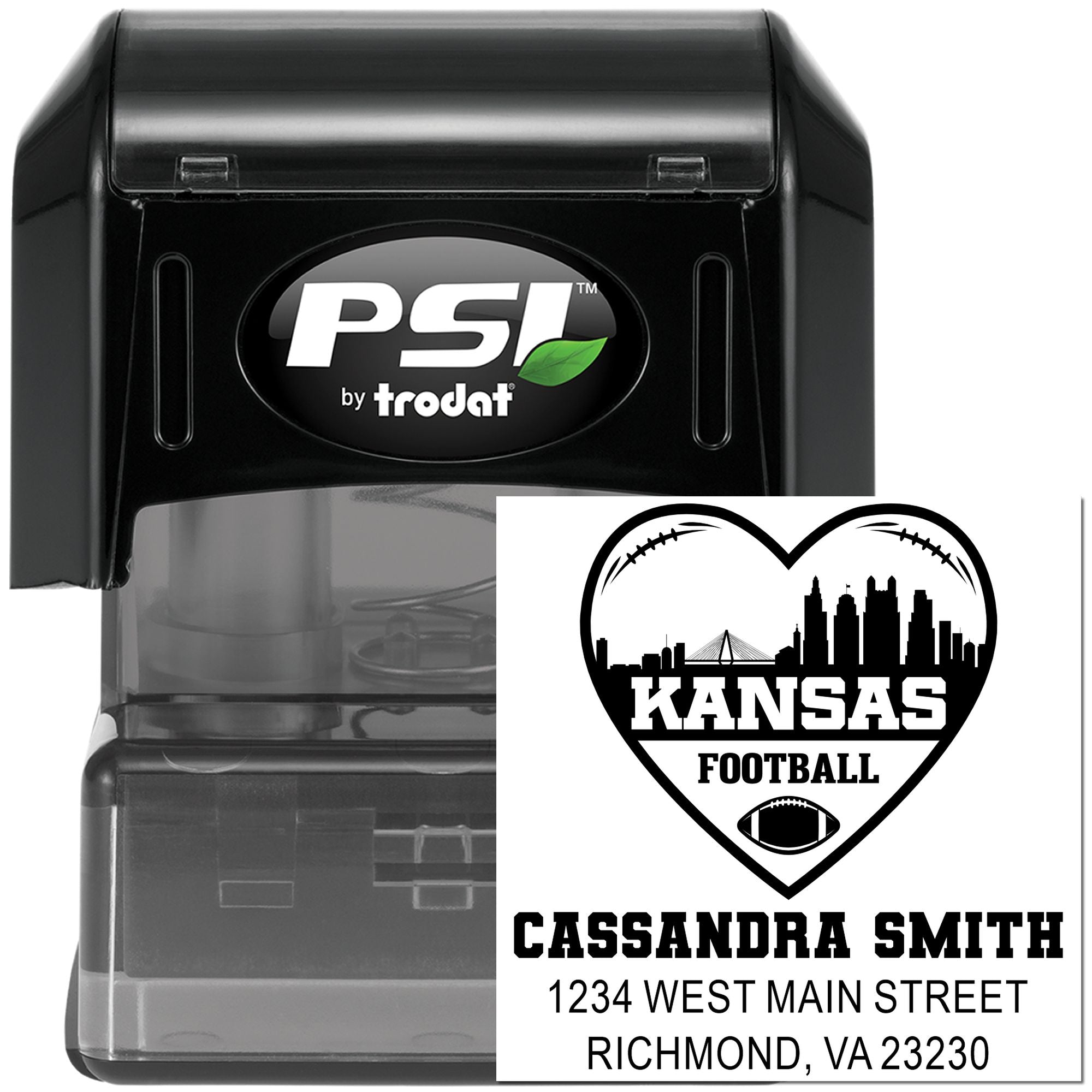 PSI by Trodat self-inking rubber stamp with custom Kansas football return address design for personalized mailing and branding.
