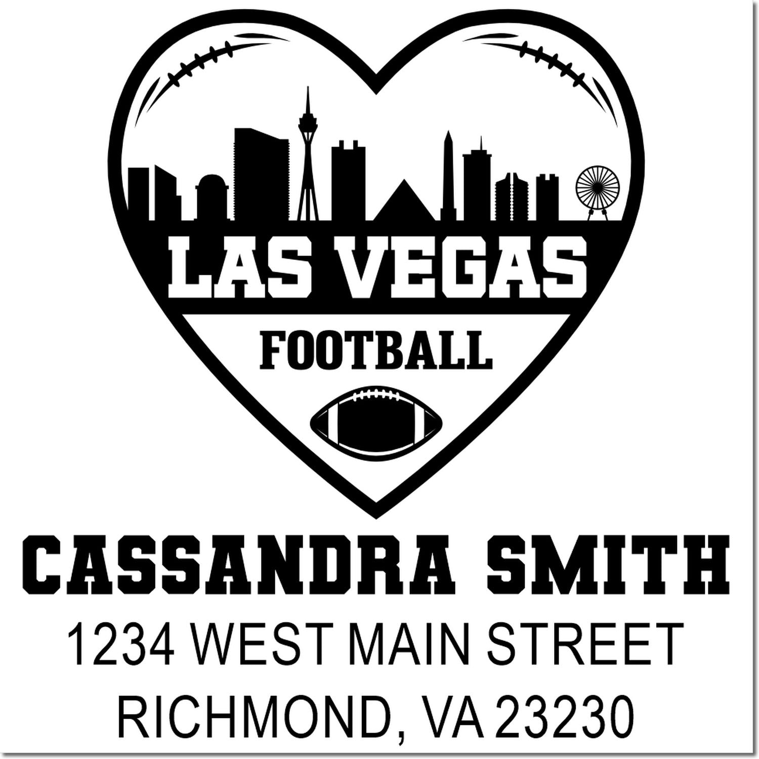Las Vegas football rubber stamp design with heart skyline, Cassandra Smith name, and address for personalized mail and gifts.