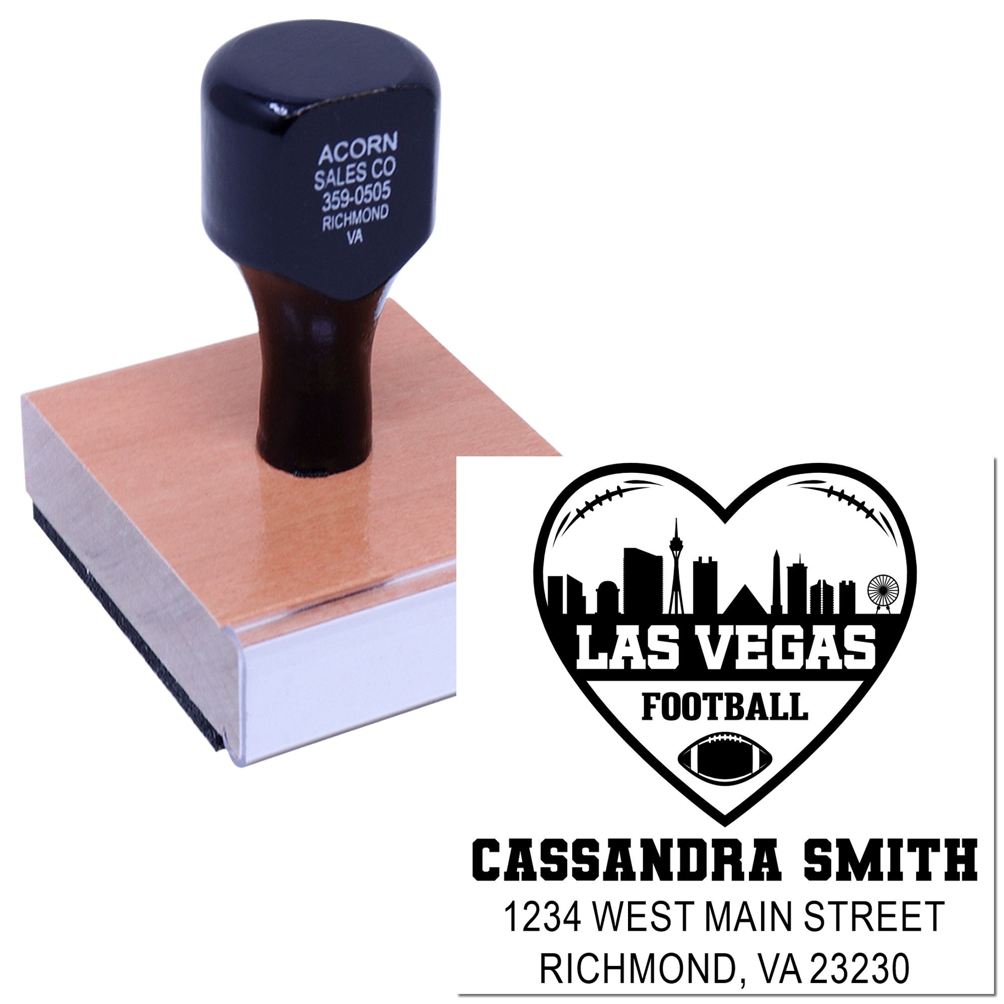 Custom rubber stamp with Las Vegas football design and personalized name and address imprint for branding or event use.
