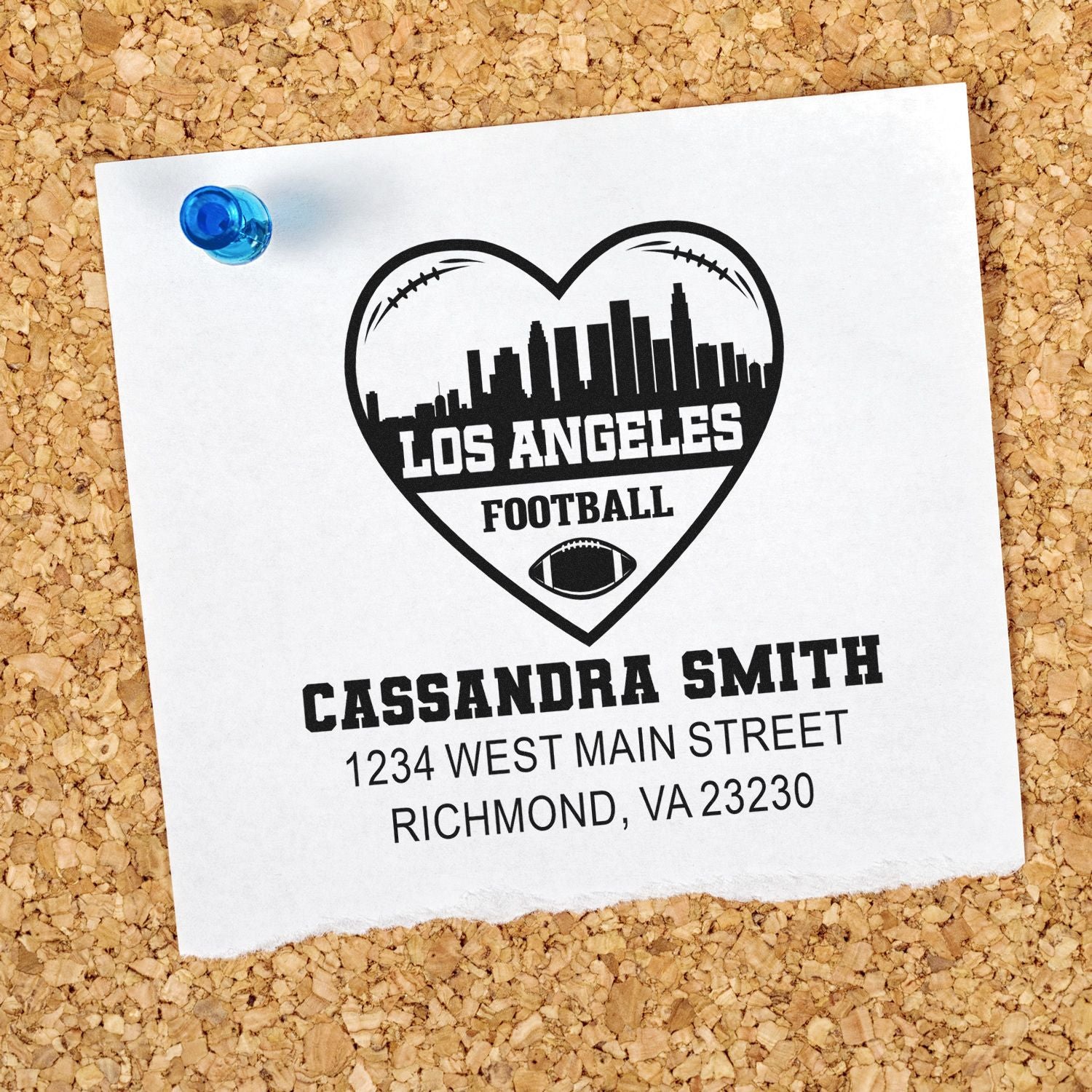 Personalized Los Angeles football rubber stamp design with skyline heart, name, and return address