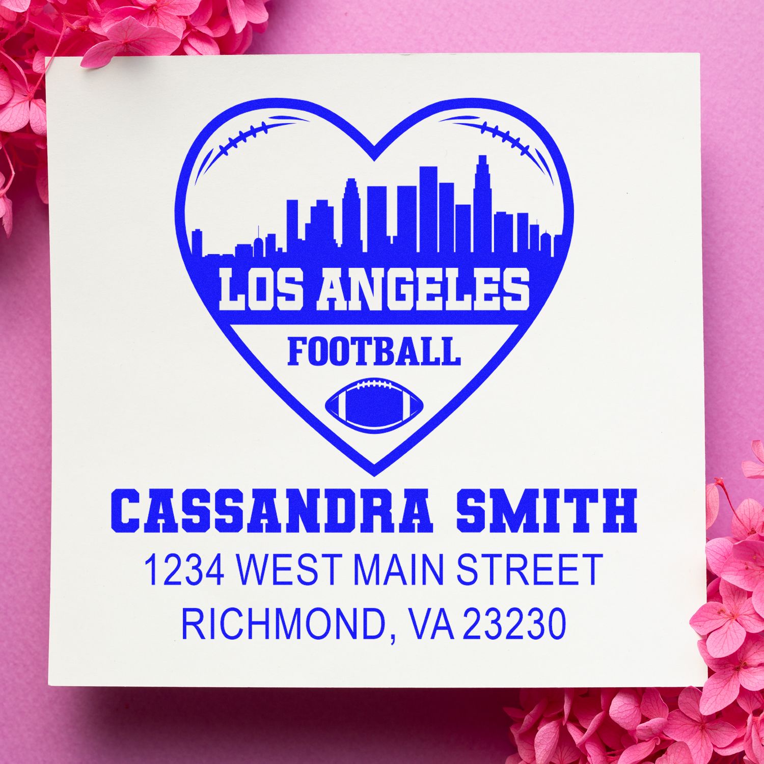Custom football return address rubber stamp for Cassandra Smith, featuring Los Angeles heart logo and Richmond, VA address.