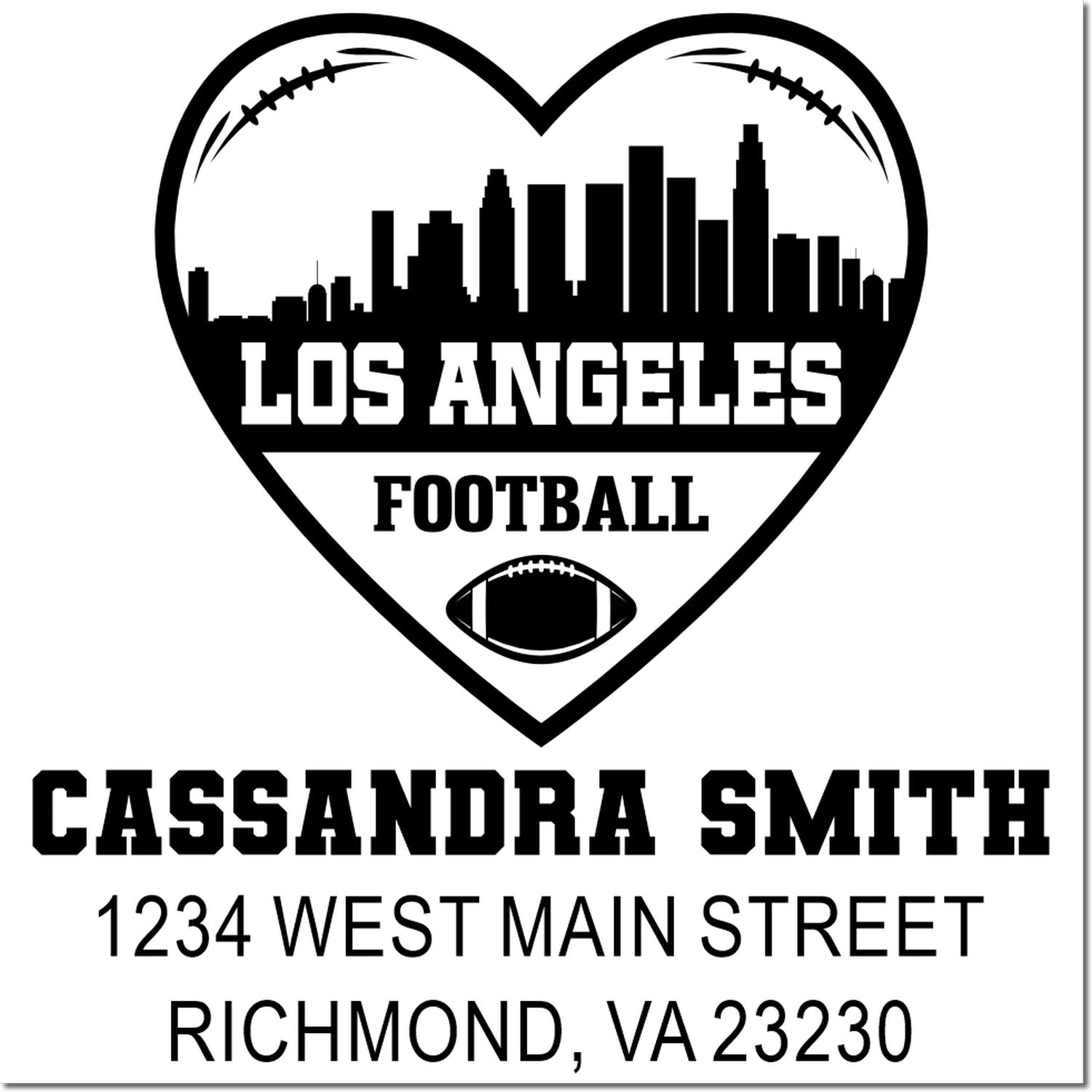 Personalized football rubber stamp with Los Angeles heart skyline, Cassandra Smith name, and Richmond, VA return address.