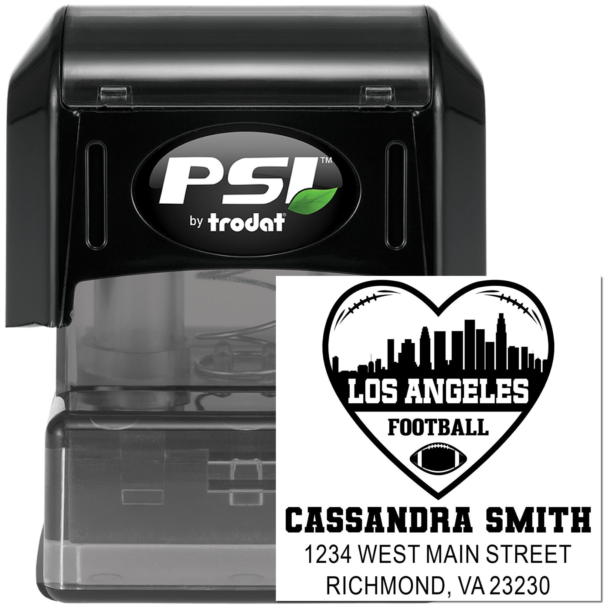 PSI by Trodat self-inking rubber stamp with custom Los Angeles Football name and address imprint